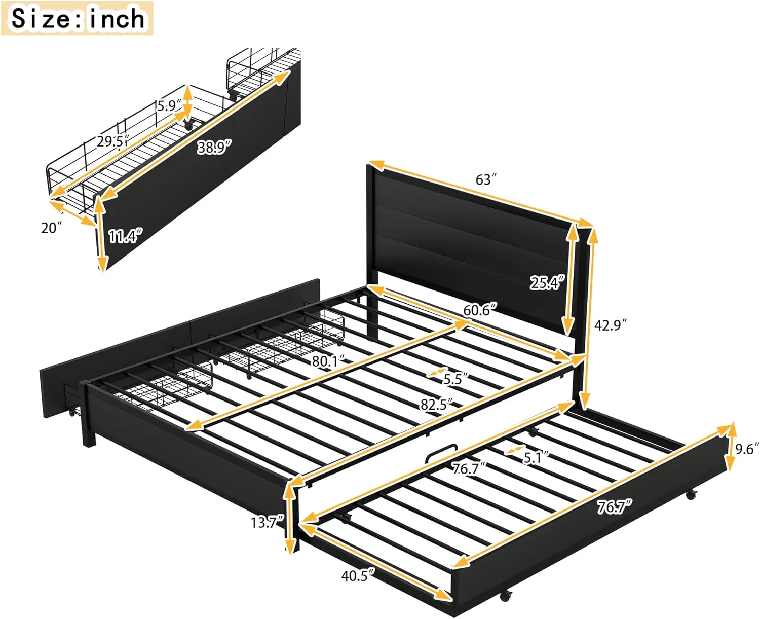 Queen Platform Bed with Twin Size Trundle and 2 Storage Drawers, Metal Queen Size Bed Frame with Headboard, Queen Storage Bed with Trundle for Bedroom