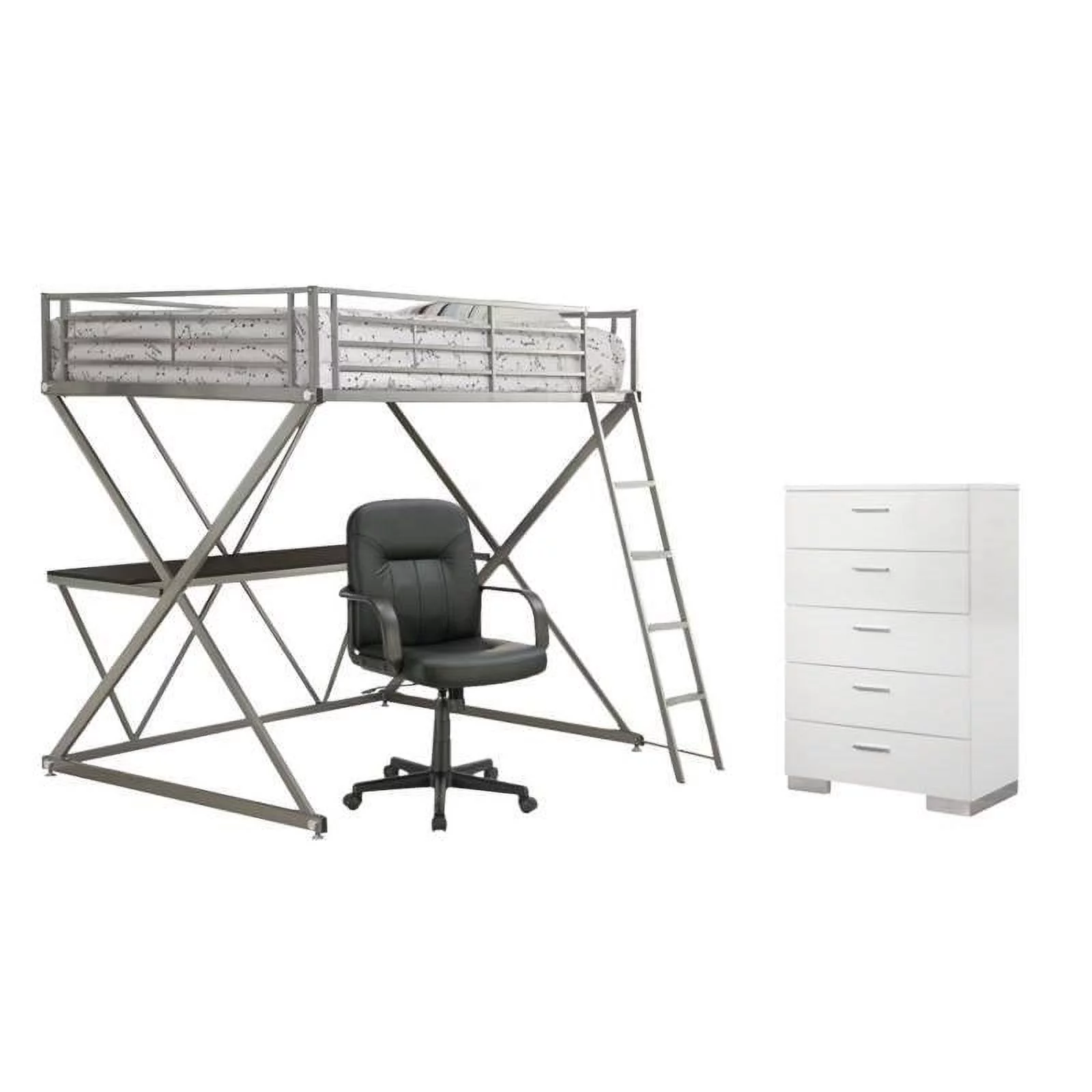 3 Piece College Dorm Room Set with Loft Bed and Chair with Chest