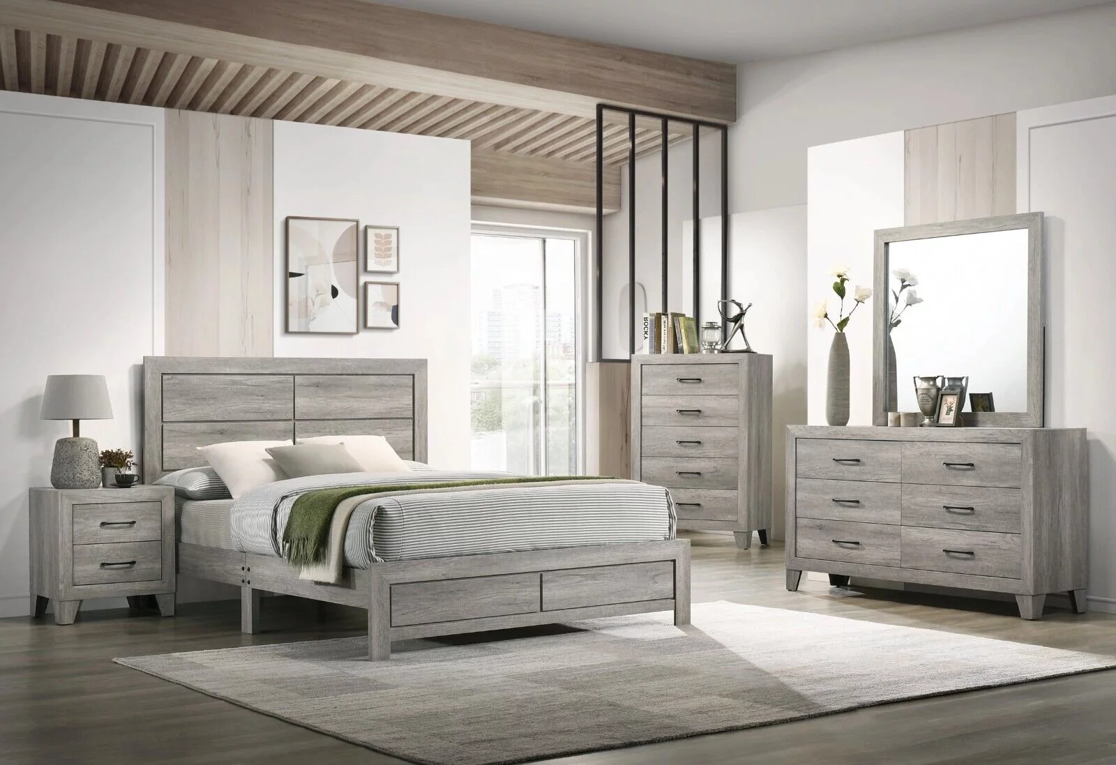 Contemporary 5pc King Size Platform Bedroom Set Gray Finish Bed Dresser Mirror Nightstand Wooden Bedroom Furniture