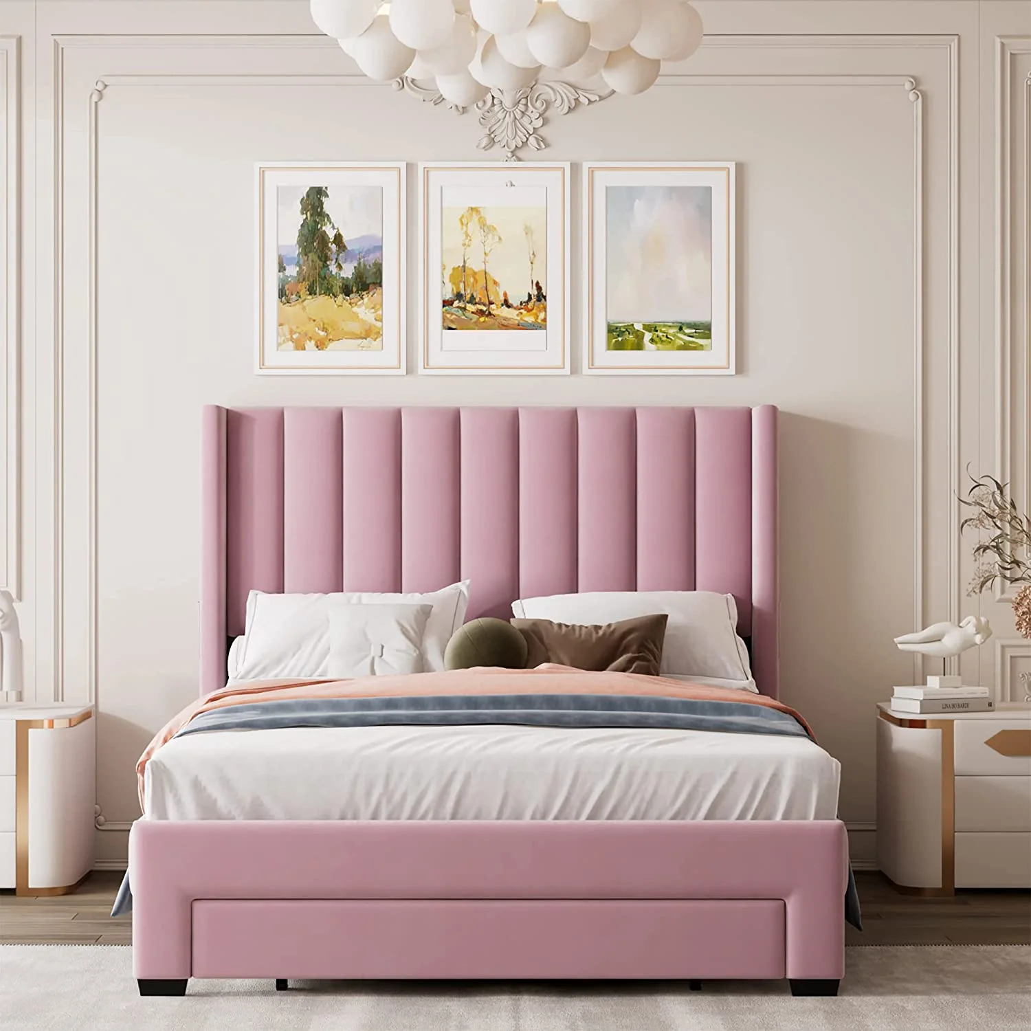 Upholstered Full Bed Frames,Velvet Full Size Platform Bed With Headboard,Full Storage Bed With A Big Drawer For Bedroom Guestroom, No Box Spring Needed(Full,)