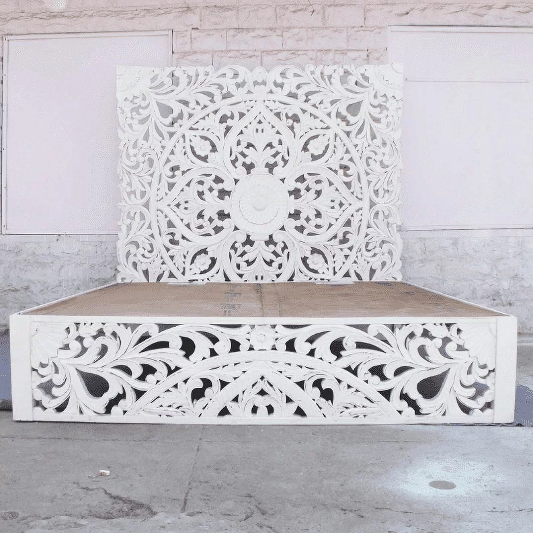 Hibashi-Amani hand carved Indian Solid wooden bed frame White King Size