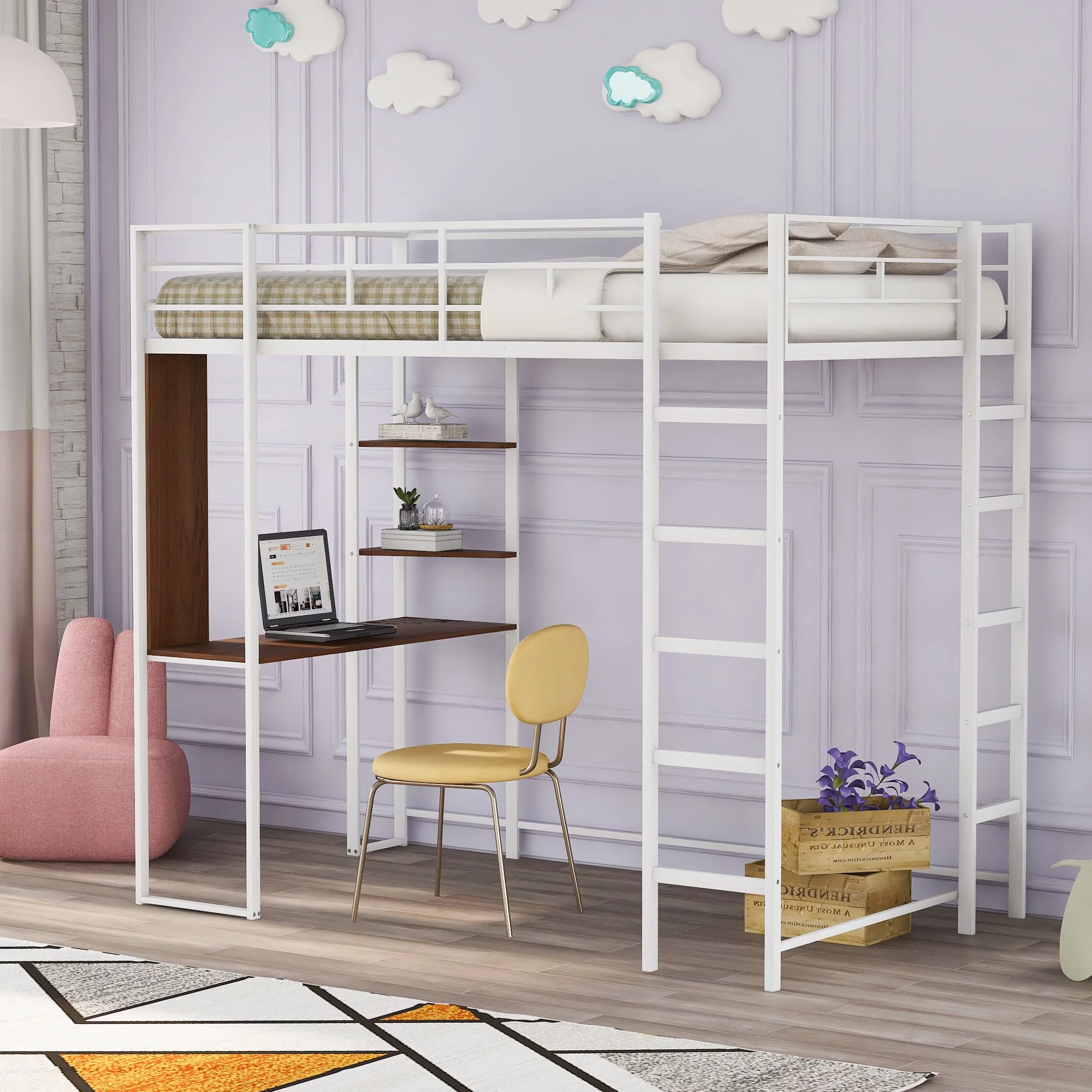 CoSoTower Twin Metal Loft Bed With 2 Shelves And One Desk, White