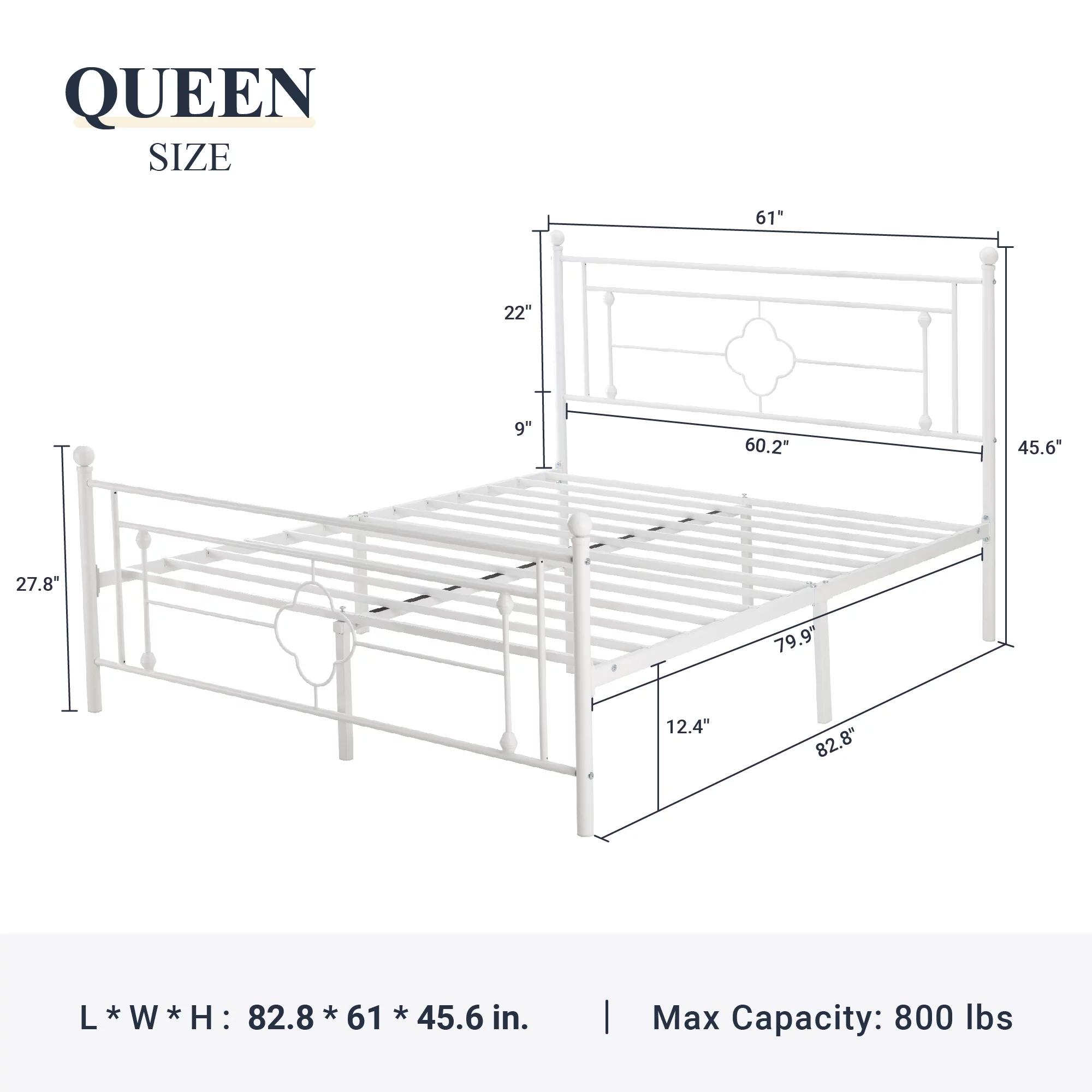 Sha Cerlin White Queen Size Metal Platform Bed Frame with Victorian Vintage Headboard