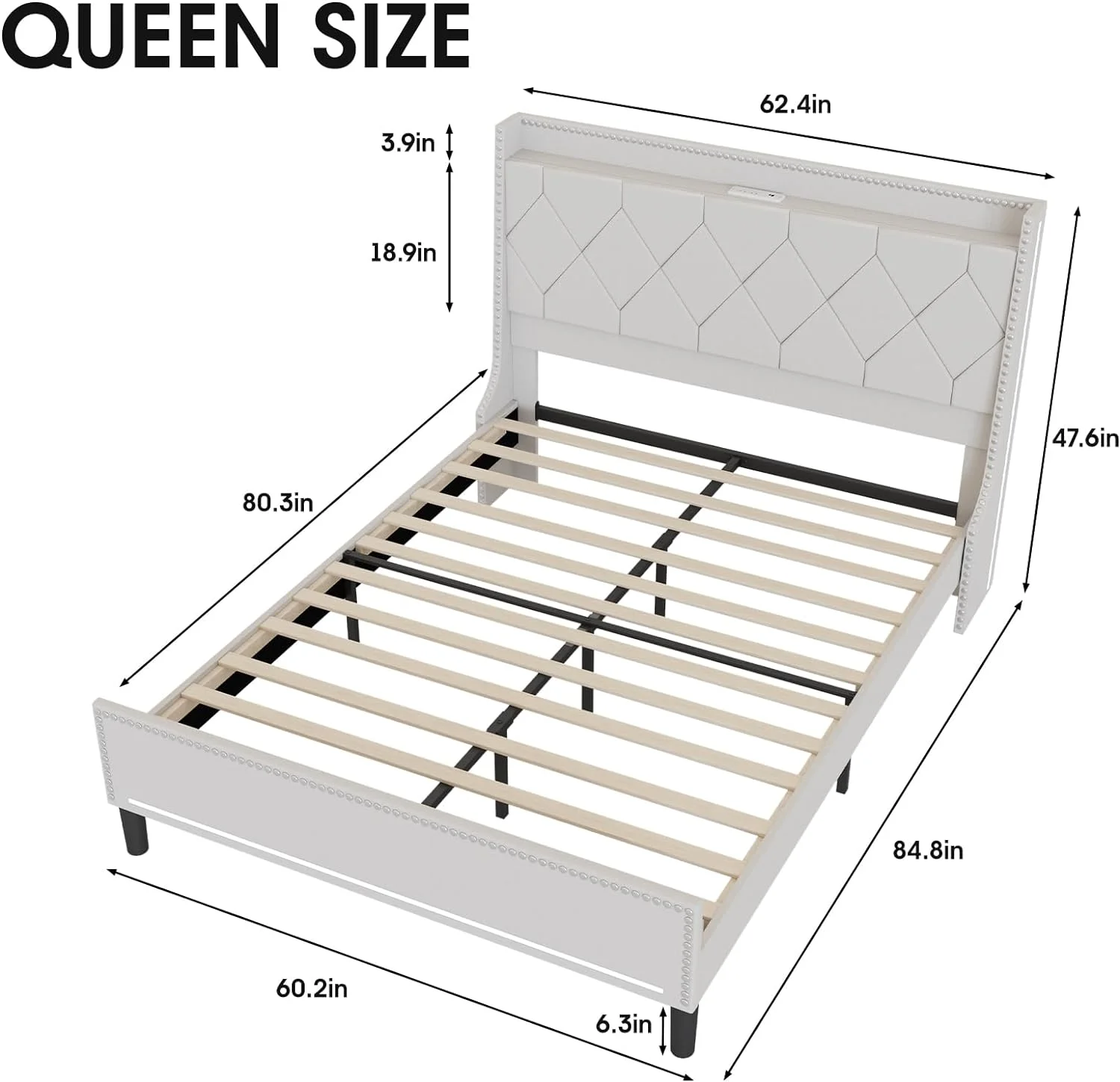 Vabches Queen-size Bed Frame with LED Strip, Upholstered Platform Bed with Charging Station, Underbed Storage, Steel Slat Support, No Box Spring Needed, Noise Free, Off White
