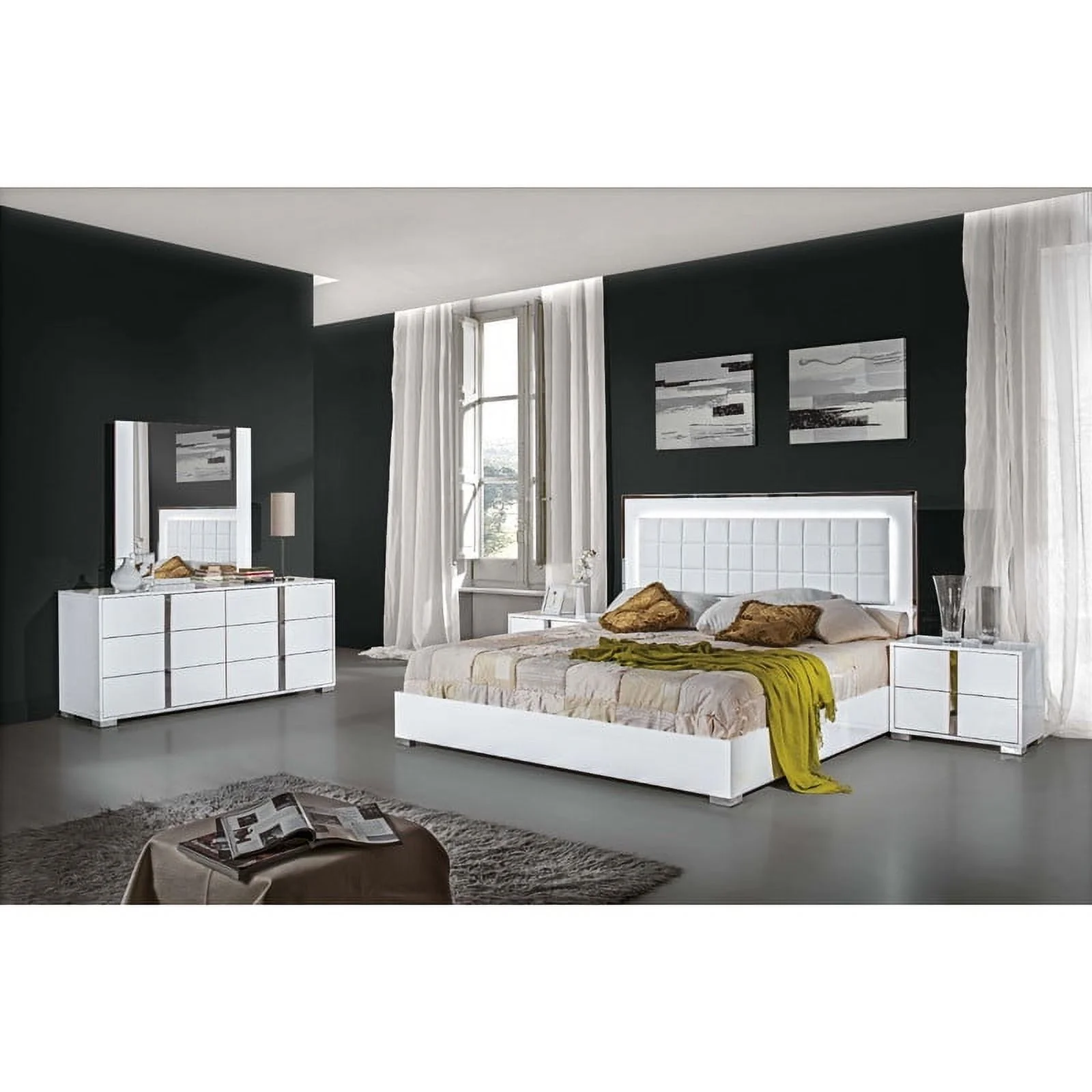 Alice Premium 5-Piece Bedroom Set, White High Gloss, Queen Size