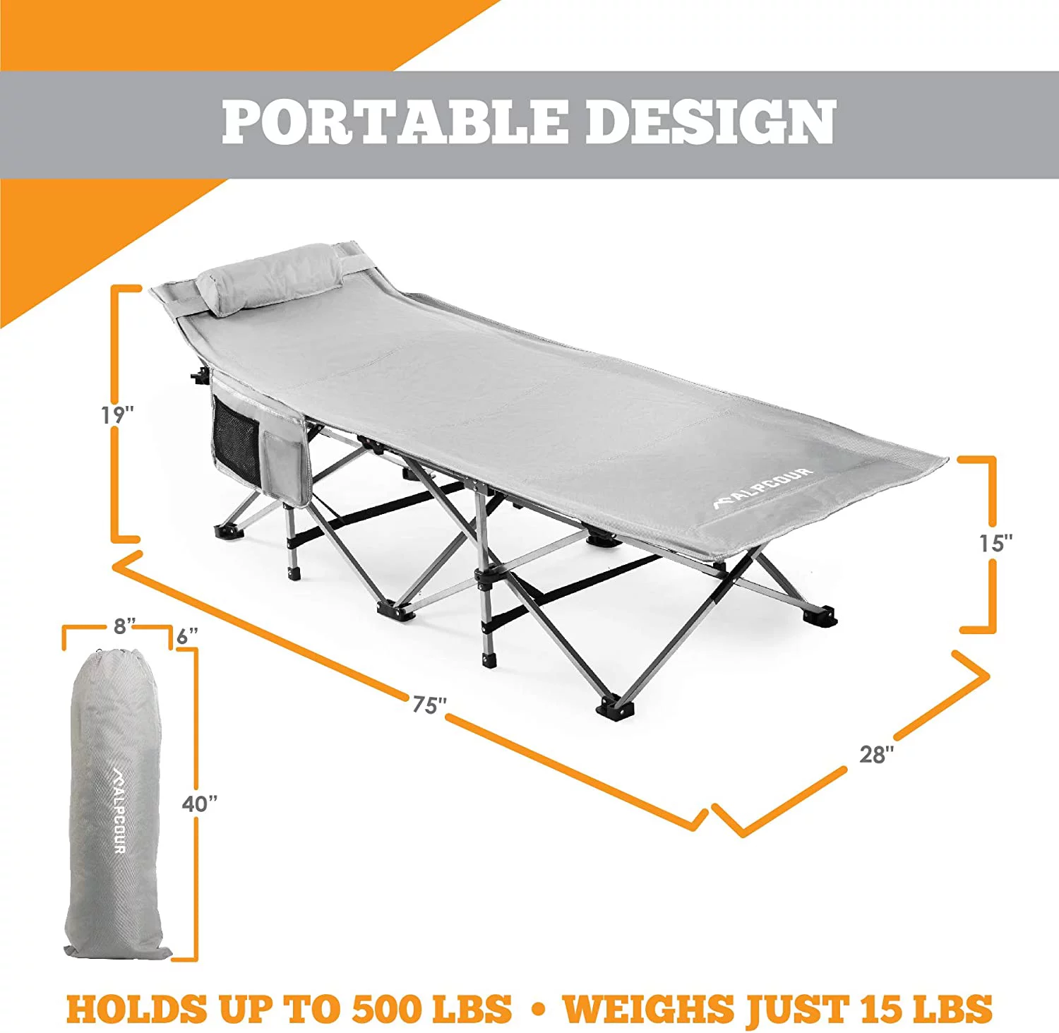 Alpcour X-Large Folding Camping Bed - Steel Frame, Polyester, 500 Lbs Capacity - Grey