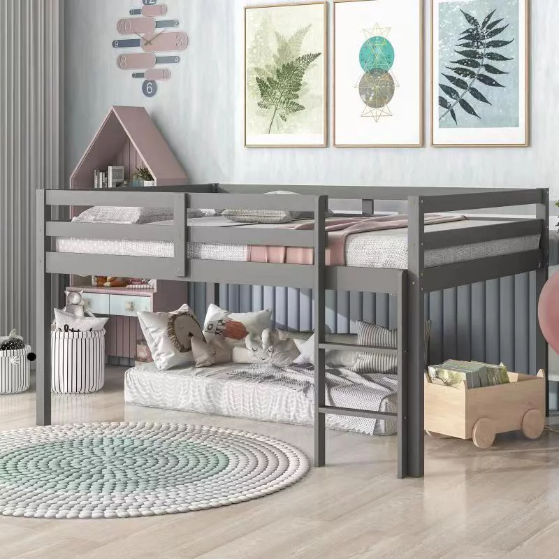Low Height Design Loft Bed with Space Storage, Loft Beds Full Size with Full-Length Safety Bed for Kids, Teens, Adults Boys & Girls (Gray)