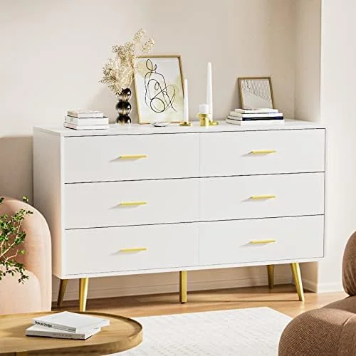 KHBIULIFE Dresser for Bedroom 6 Drawer Double Dresser with Metal Handles Modern Design White and Gold Dresser for Closet Hallway Bedroom (Black)