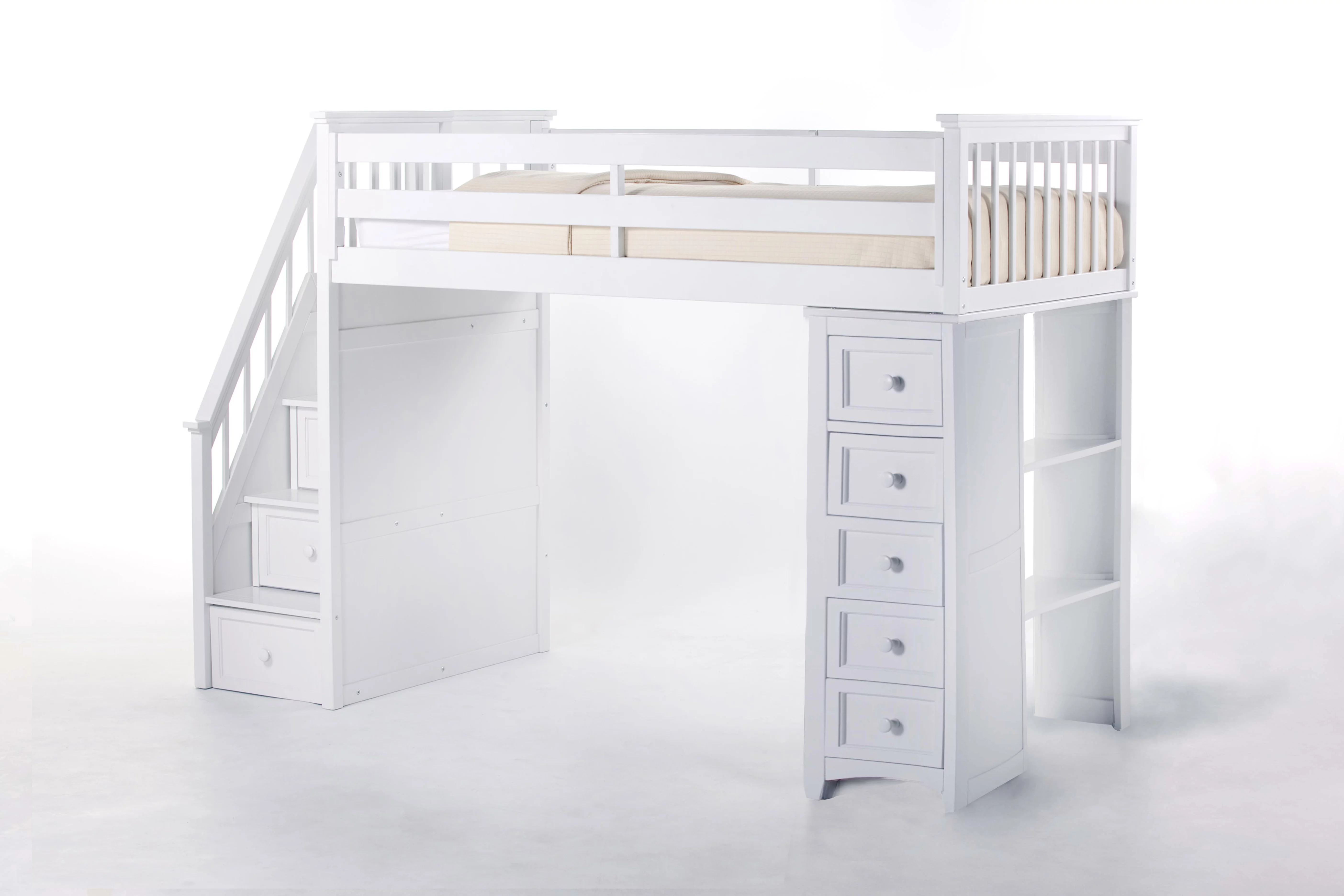 Hillsdale School House Twin Stair Loft With Chest End & Twin Lower Bed, White