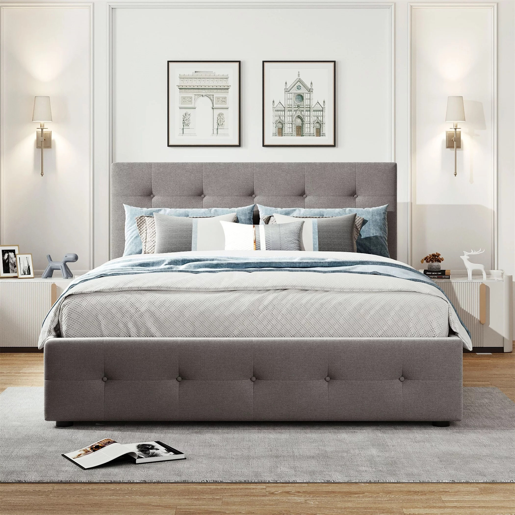 YJTONWIN Linen Upholstered Queen Size Platform Bed with Twin XL Trundle Light Grey