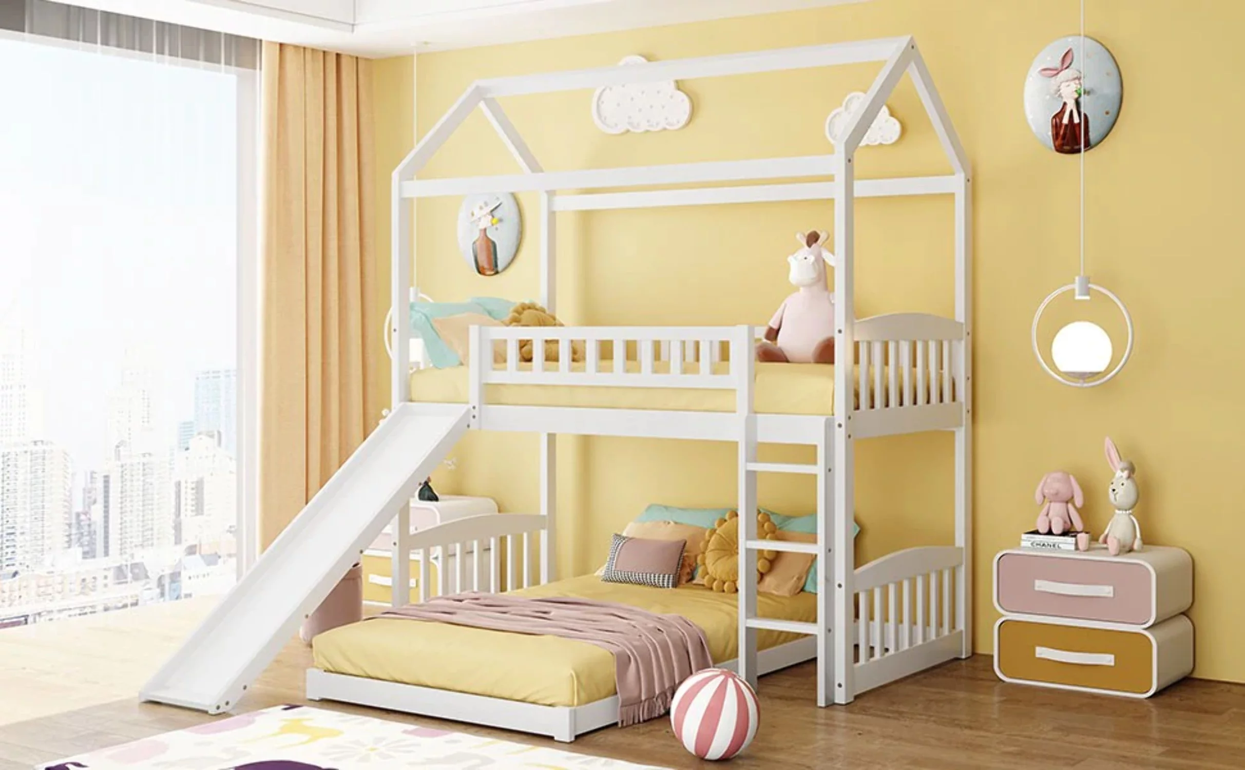 HomeRoots  White Playhouse Frame Full Over Full Perpendicular Bunk Bed with Slide