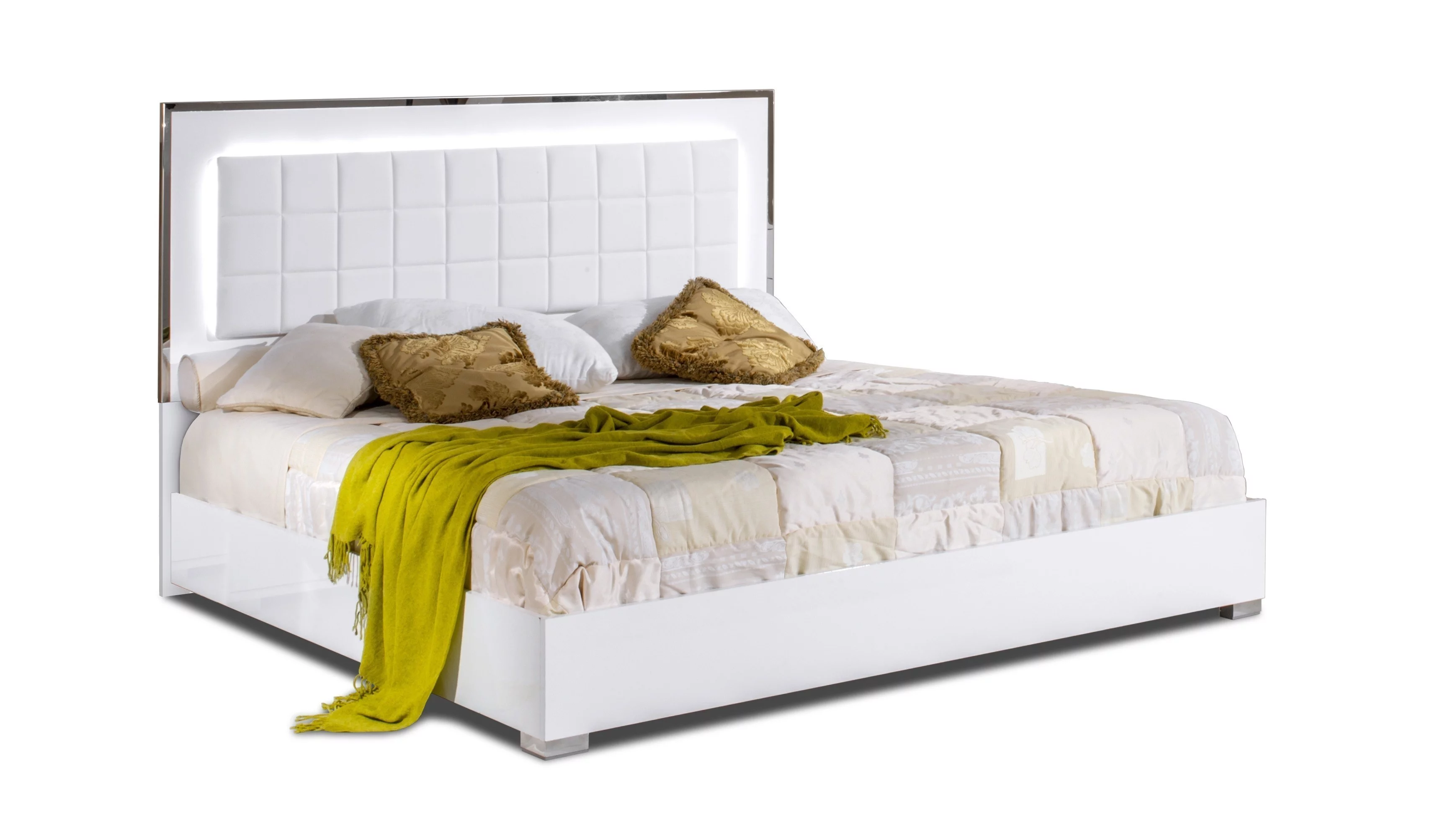 J&M Furniture Alice Bedroom Collection in White High Gloss with 6 piece king bed, chest, dresser, mirror and 2 nightstand, king bedroom set
