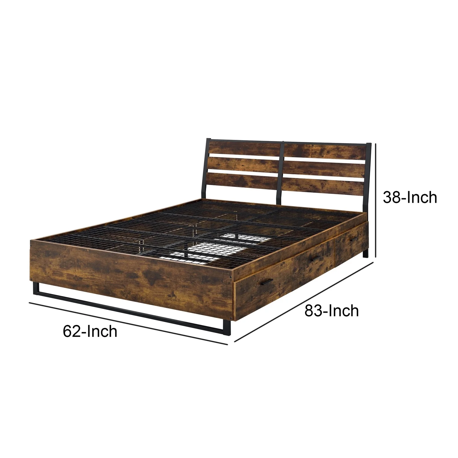 Benjara Queen Bed with 6 Drawers and Metal Slats, Brown and Black