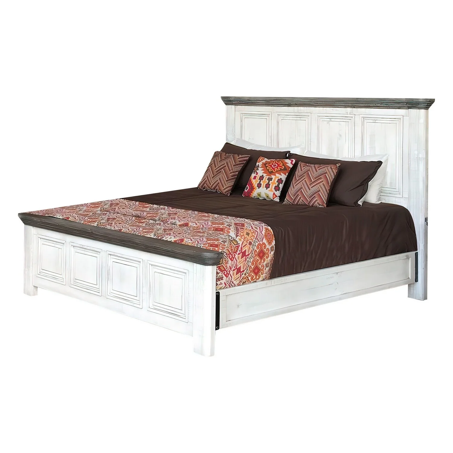 Benjara Feyi Queen Size Bed, Clean Rustic Headboard and Footboard, White, Gray