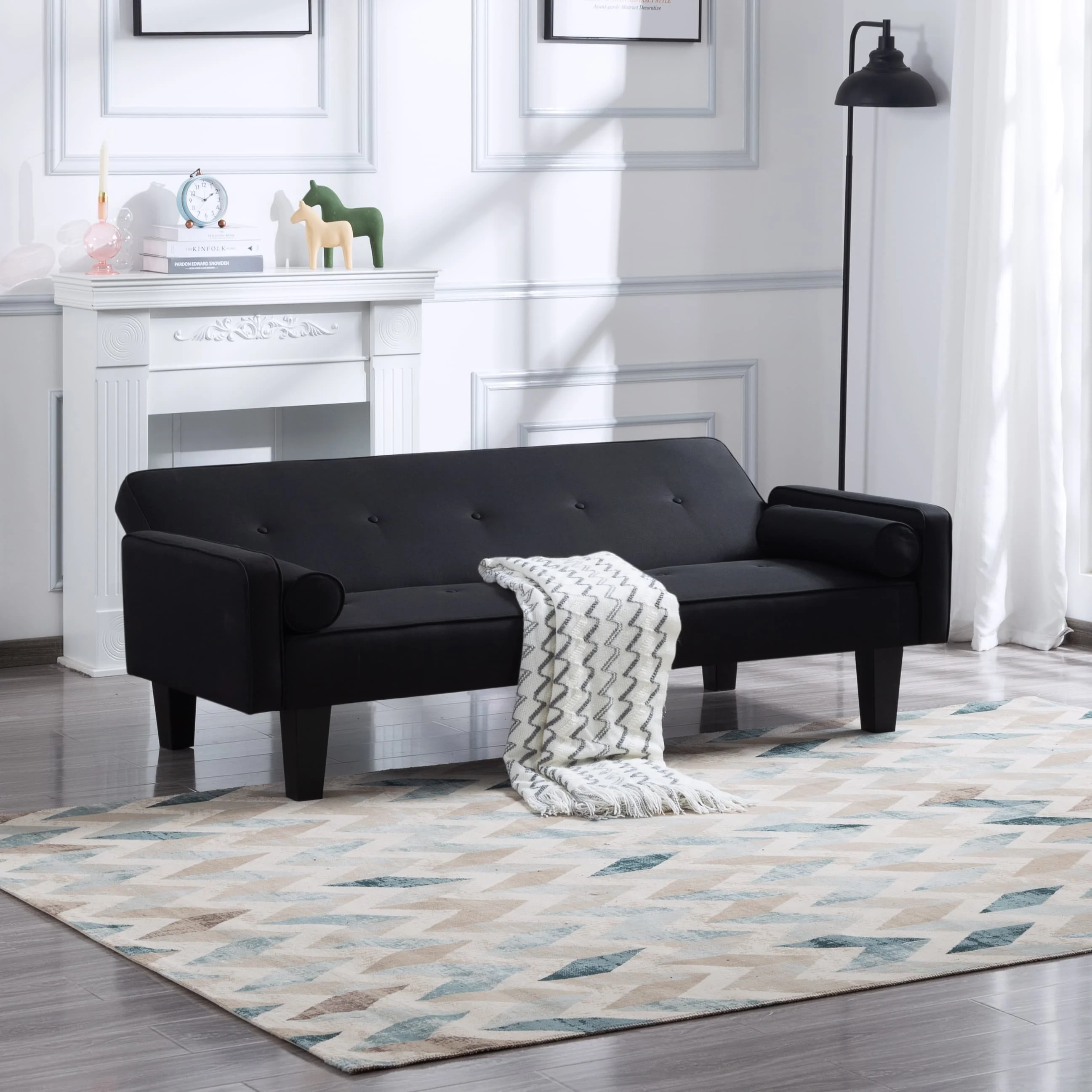 BSHTI 71.3 inch European Style Converted Futon Sofa Bed,Modern Sofa Sleeper with Two Pillows for Livingroom(Black)