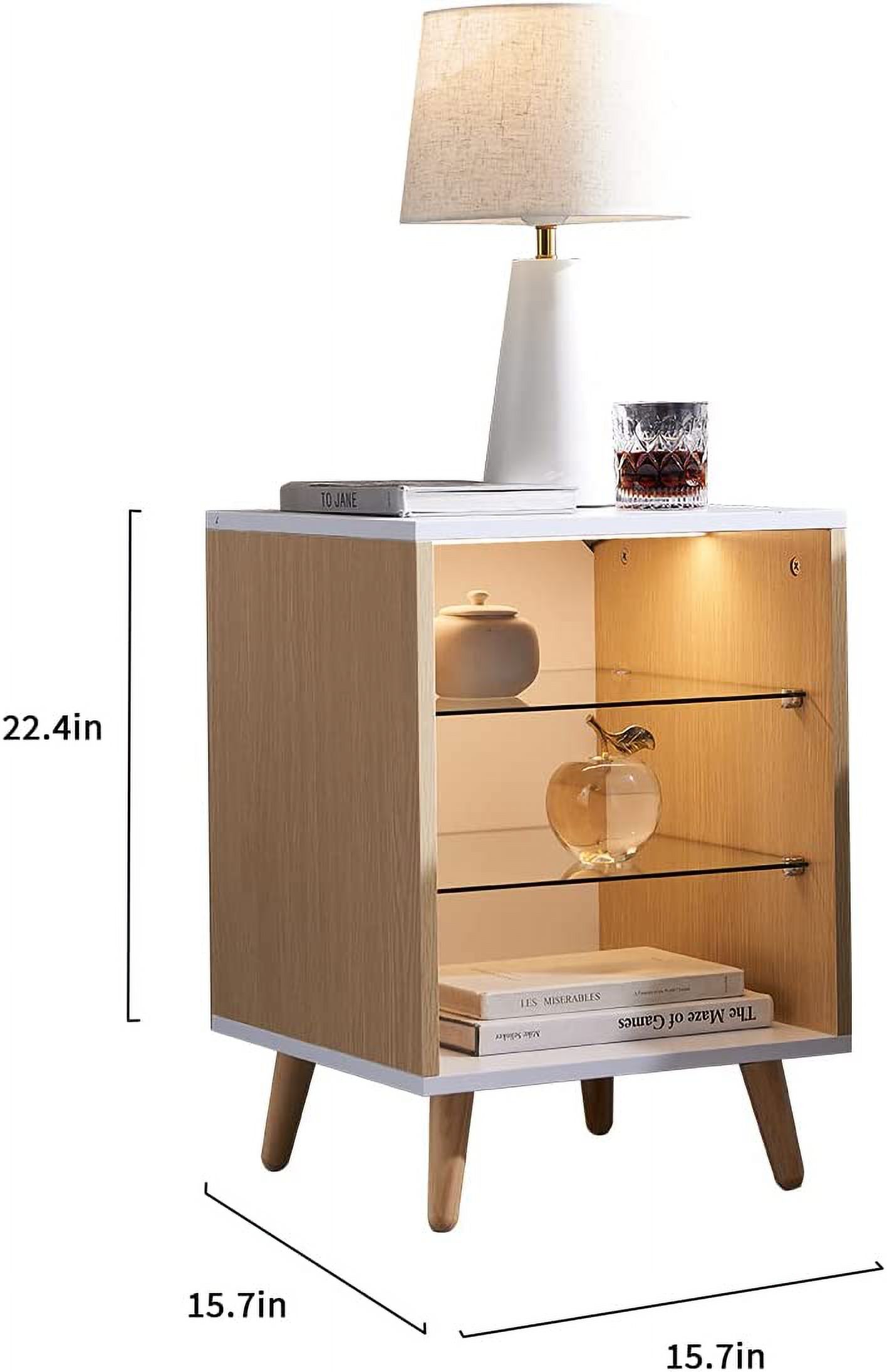 Nightstands Set Of 2 With 3 Drawers, Bedside Table Small Dresser With LED Light For Bedroom Living Room - Sturdy Wood Frame, Glass Shelf- Wood&White