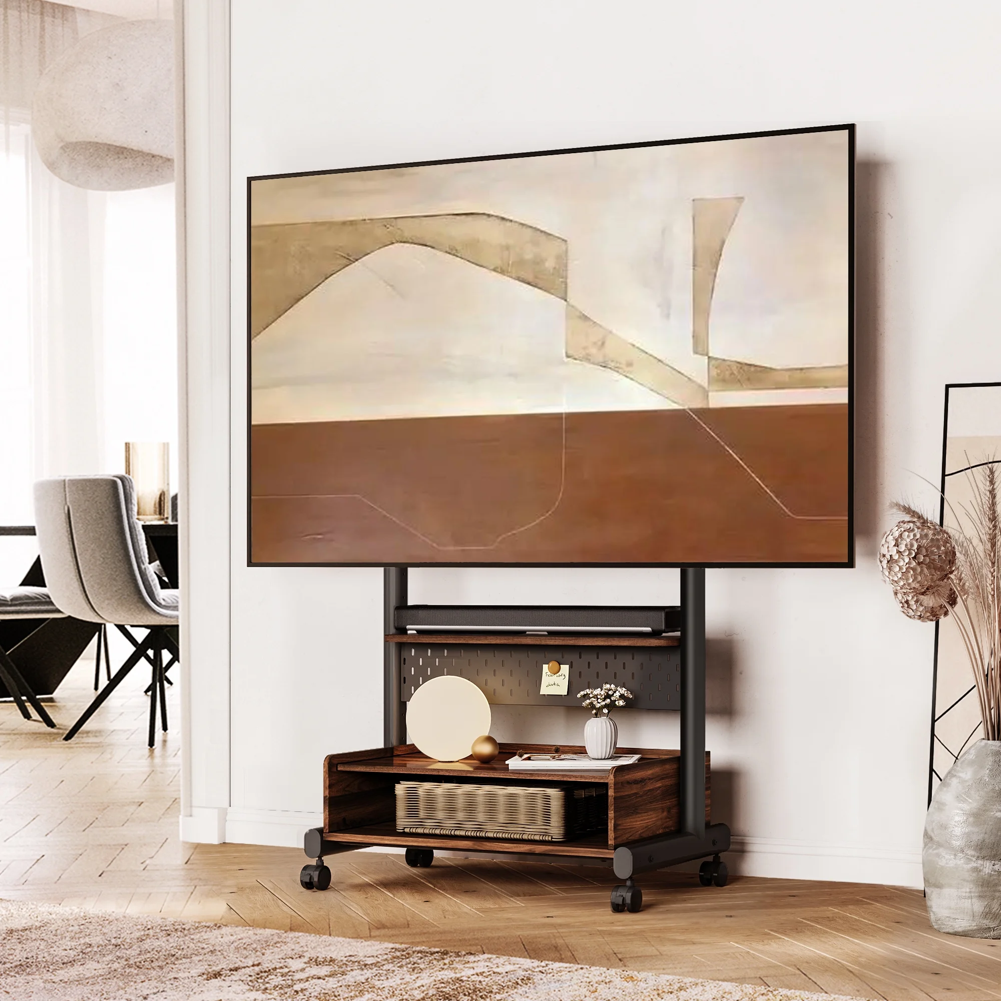 FITUEYES Rolling Floor TV Stand Mount for 40-85 Inch TVs for Bedroom and living room,with One Wooden Large Storage, Height adjustable,Walnut