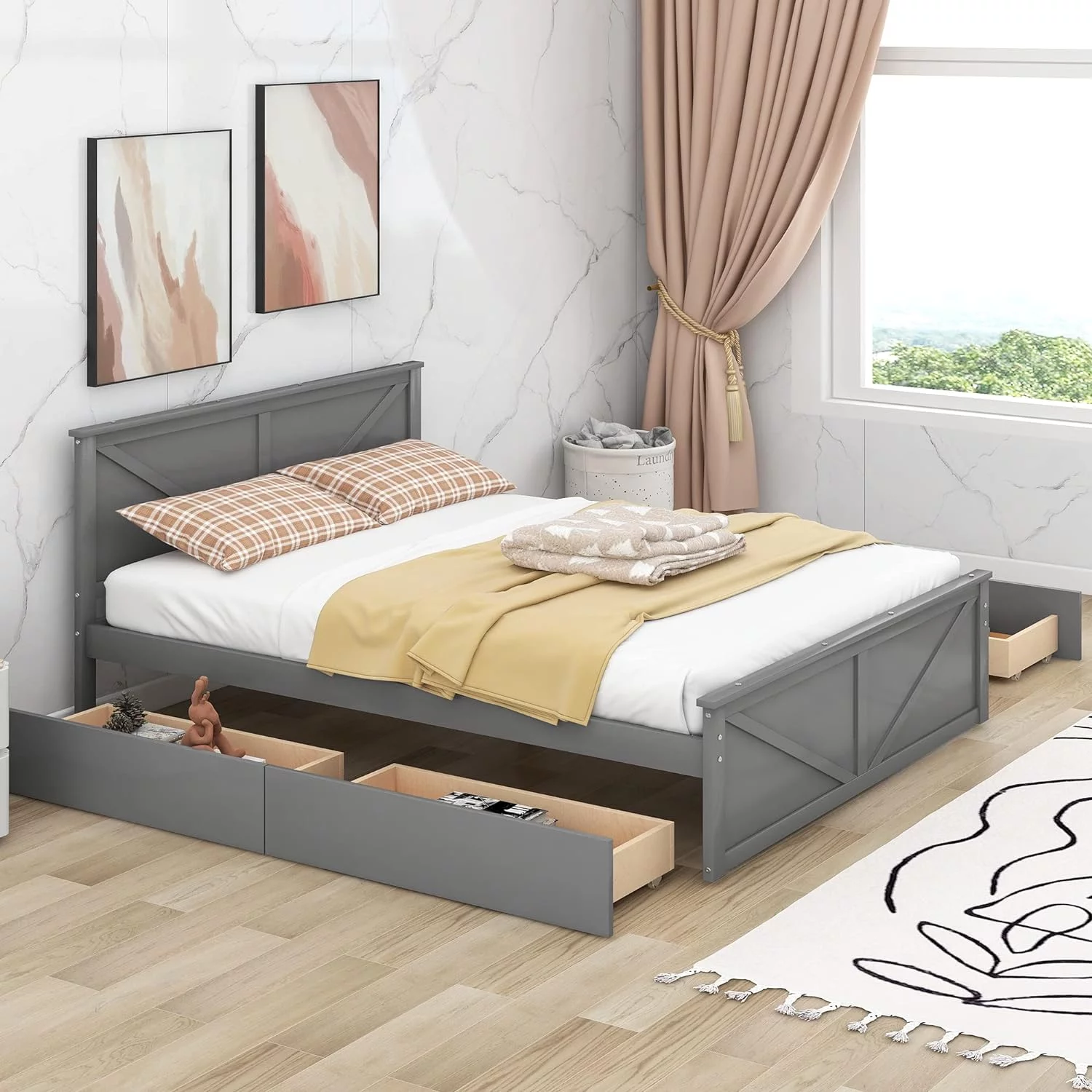 Queen Bed Frame With 4 Storage Drawers Wood Platform Bed With Headboard And Footboard Panel Beds With Slats For Boys, Girls, Kids, Teens, Gray