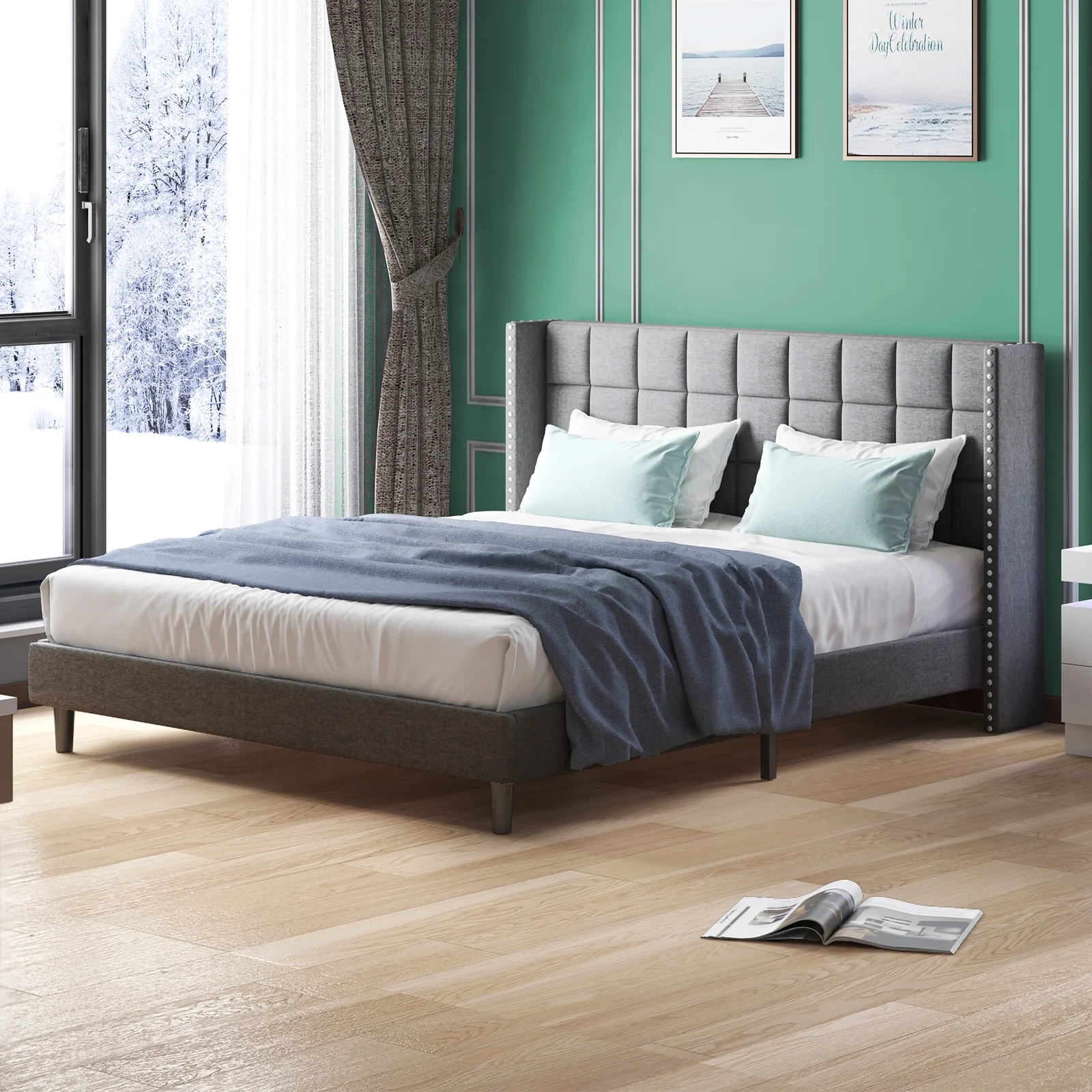 ijuicy Bed Frame with Wingback Headboard, Modern Platform Bed Frame, Velvet Bedframe Queen Size, Bedroom Furniture with Two Rows of Rivet Design(Dark Grey)