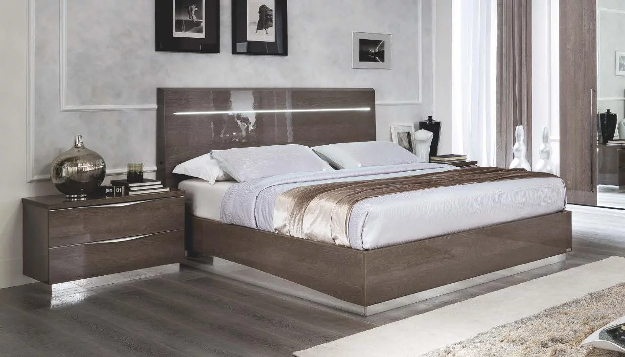 Birch King Bedroom Set 3Ps w/LED Contemporary Made in Italy ESF Platinum Legno