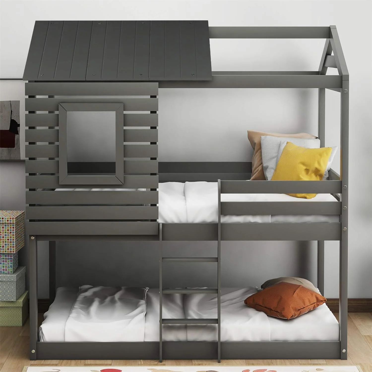 Over Buk Bed Wih Roof, Woode House Bed Wih Widow, Guardrail, Ladder For Kids, ees, Girls, Boys (Gray)
