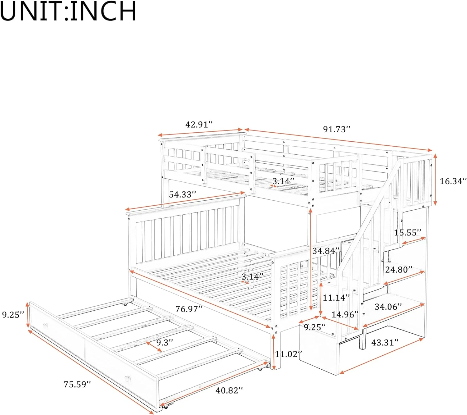 Bunk Bed With Trundle, Wood Bunk Beds With Stairs And Storage Shelf, Over Full Bunk Bed Frame For Bedroom, Dorm, For Kids, Teens, Adults (Espresso)