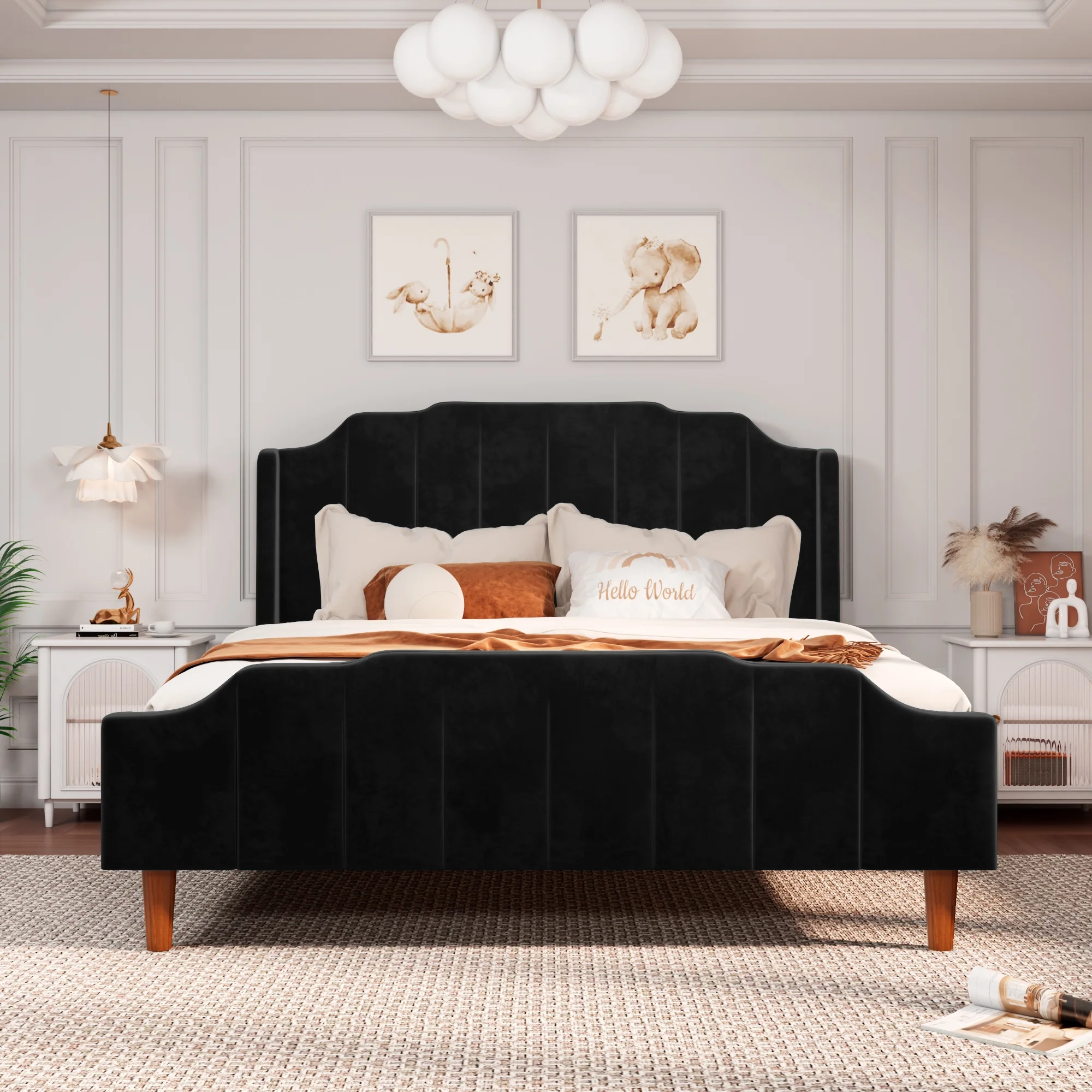 Allewie Queen Size Velvet Platform Bed with Modern Curved Upholstered Headboard and Footboard, Black