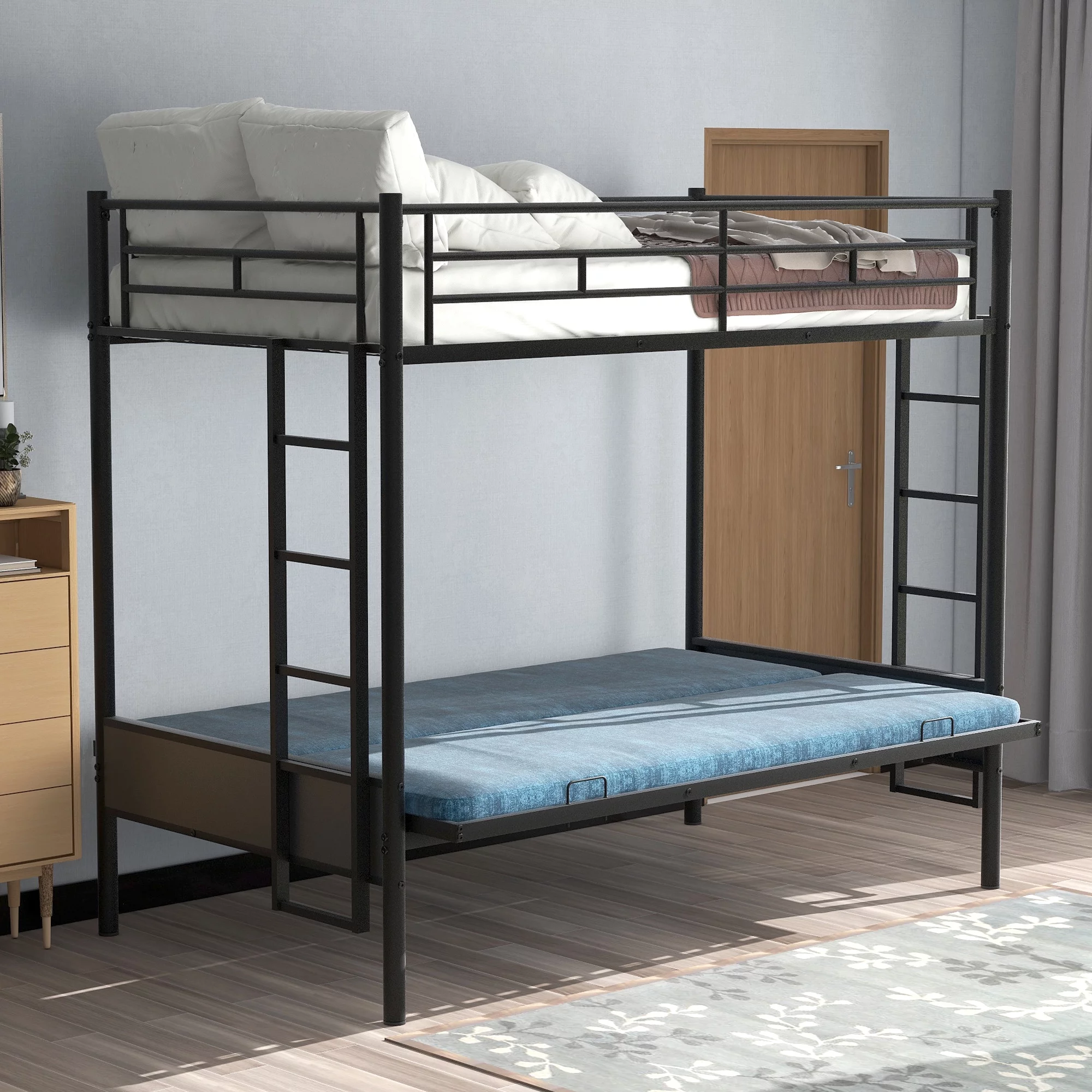 Merax Metal Twin over Full or Twin over Twin Bunk Bed or Daybed, Twin over Futon, Covertible Lower Bed for Living Room, No Box Spring Needed
