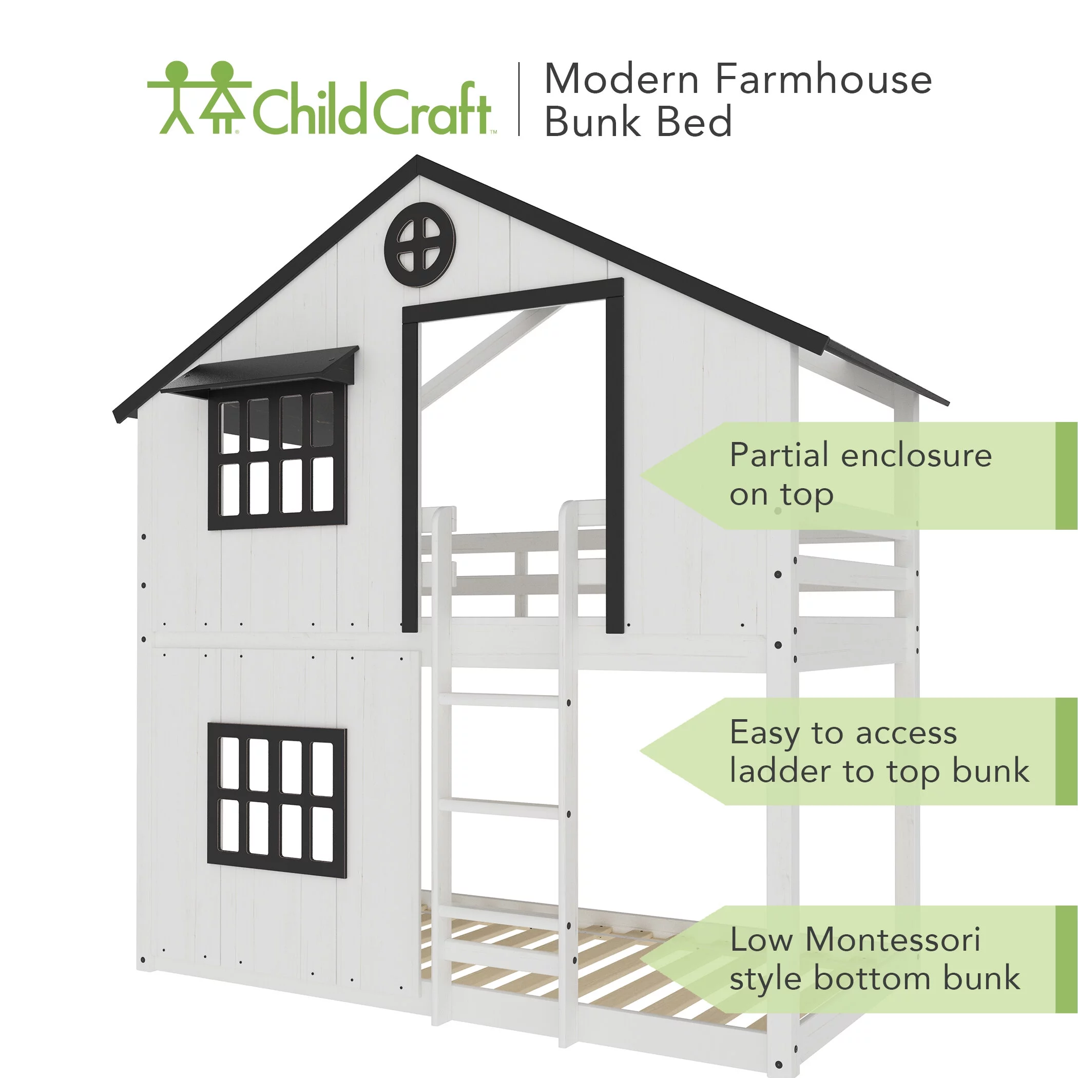 Child Craft Montessori White/Black Modern Farmhouse Bunk Bed