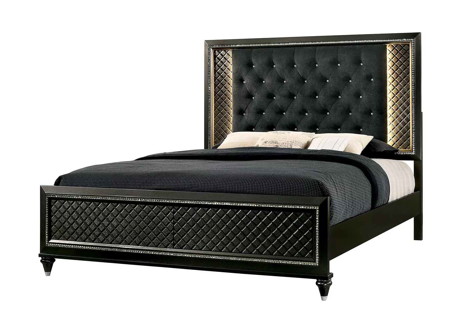 Bedroom Furniture 3pc Set Eastern King Size Bed 2x Nightstands Metallic Gray Solid wood Black Fabric Tufted HB Texture Frame