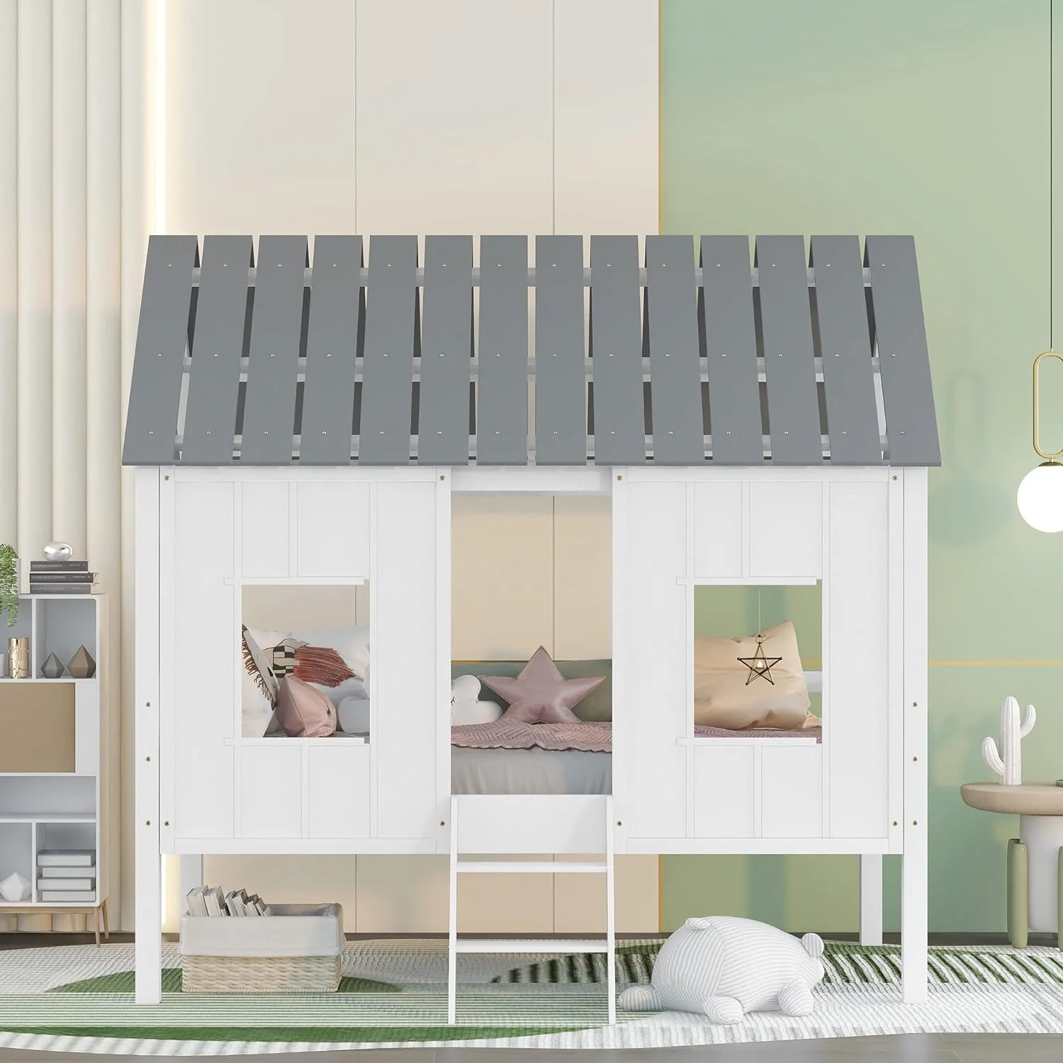 House Bed Frame Low Loft Wood Size Bed Frame With Two Side Windows And Roof Kids Bedroom Furniture (White With Gray, Low Loft Bed)