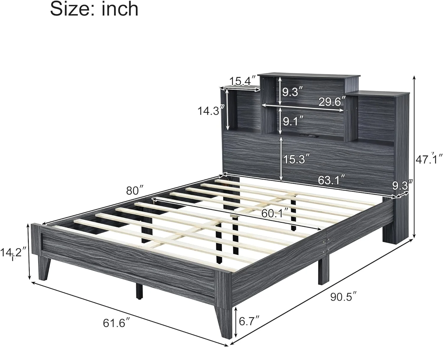 Quee Size Bed With Storage Headboard, Solid Wood Quee Size Platform Bed With 4 Storage Shelves Ad USB Chargig Desig, o Box Sprig eeded - Gray