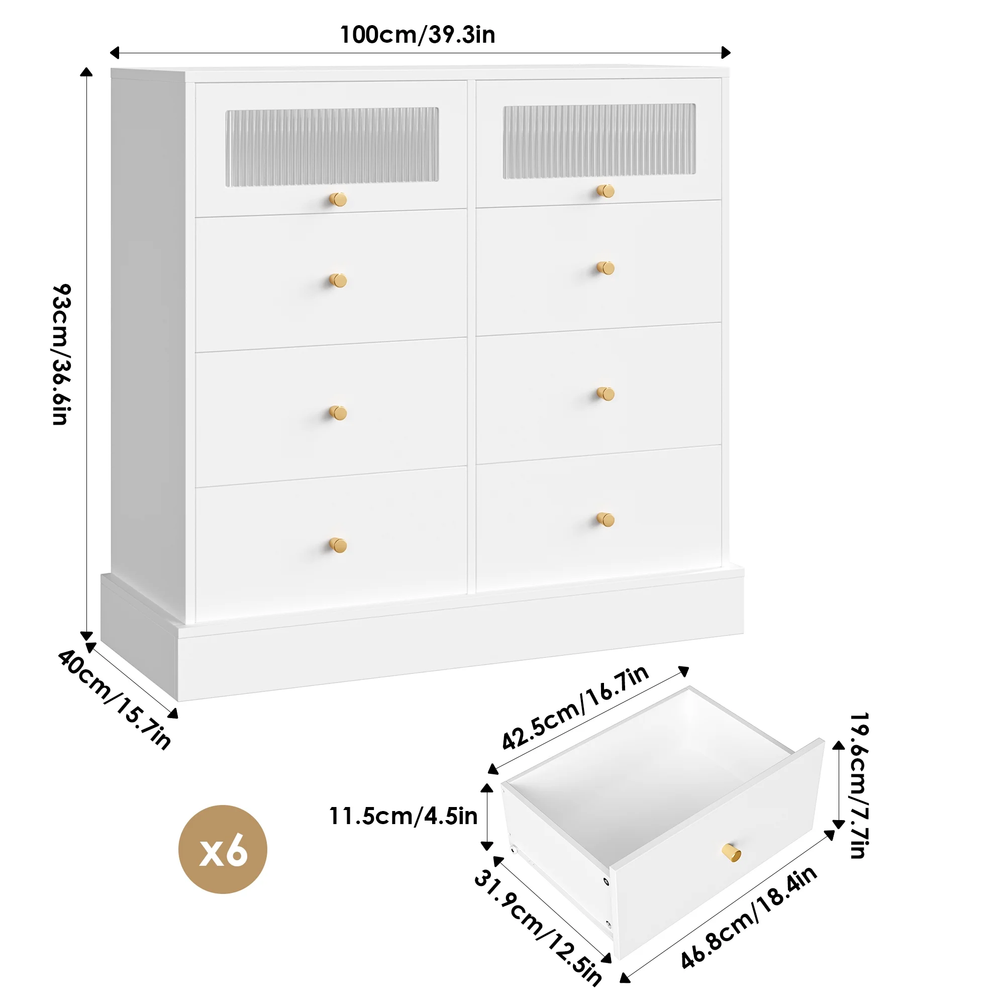 Homfa 8 Drawer Double Dresser for Bedroom, Wood Chest of Drawers Storage Cabinet with 2 Glass Doors & Sturdy Base, White