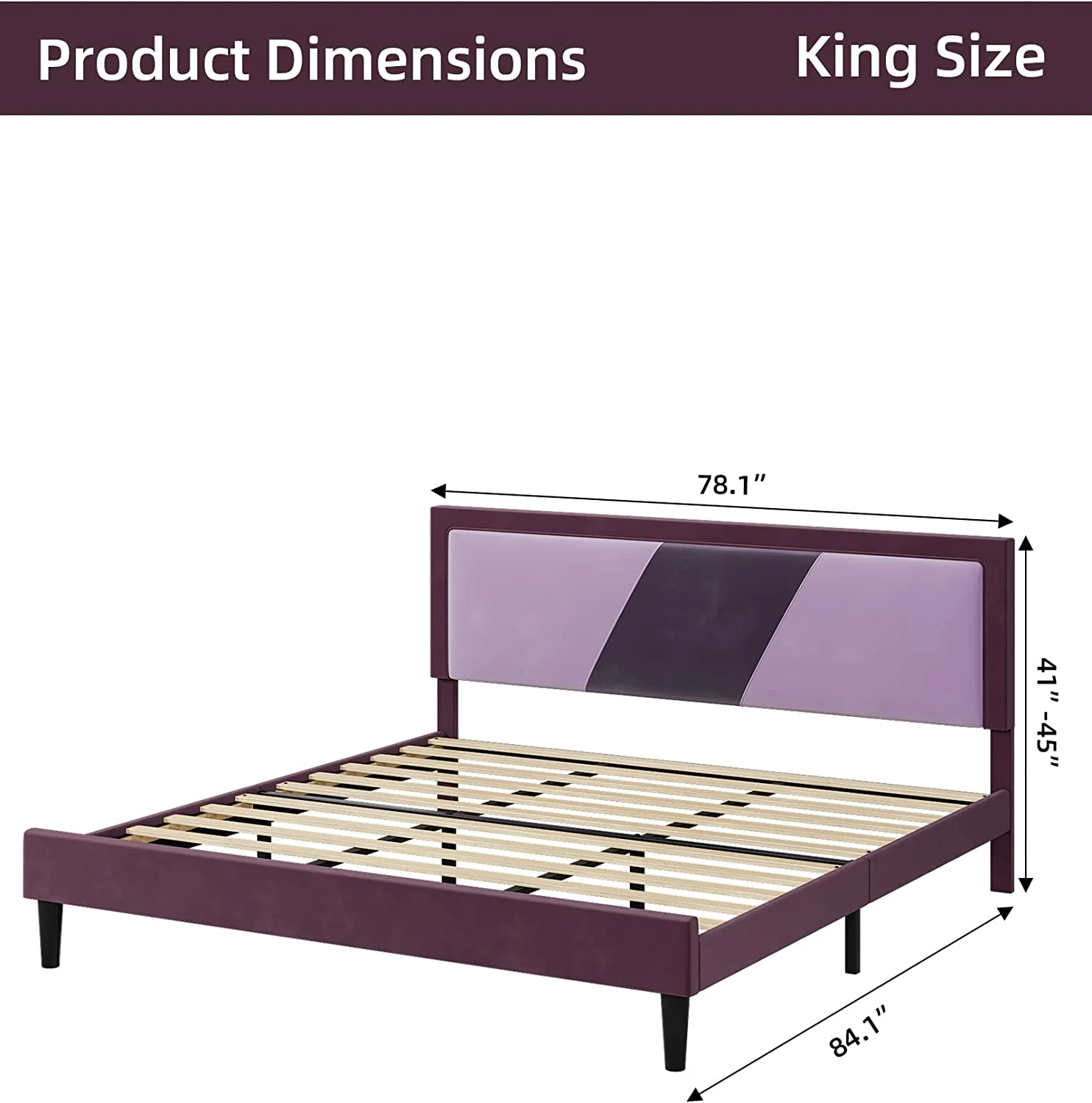 WAGEE King Bed Frame, Tufted Platform Bed Frame with Adjustable Height Headboard, Velvet Mix Color Upholstered Bed Frame, Purple