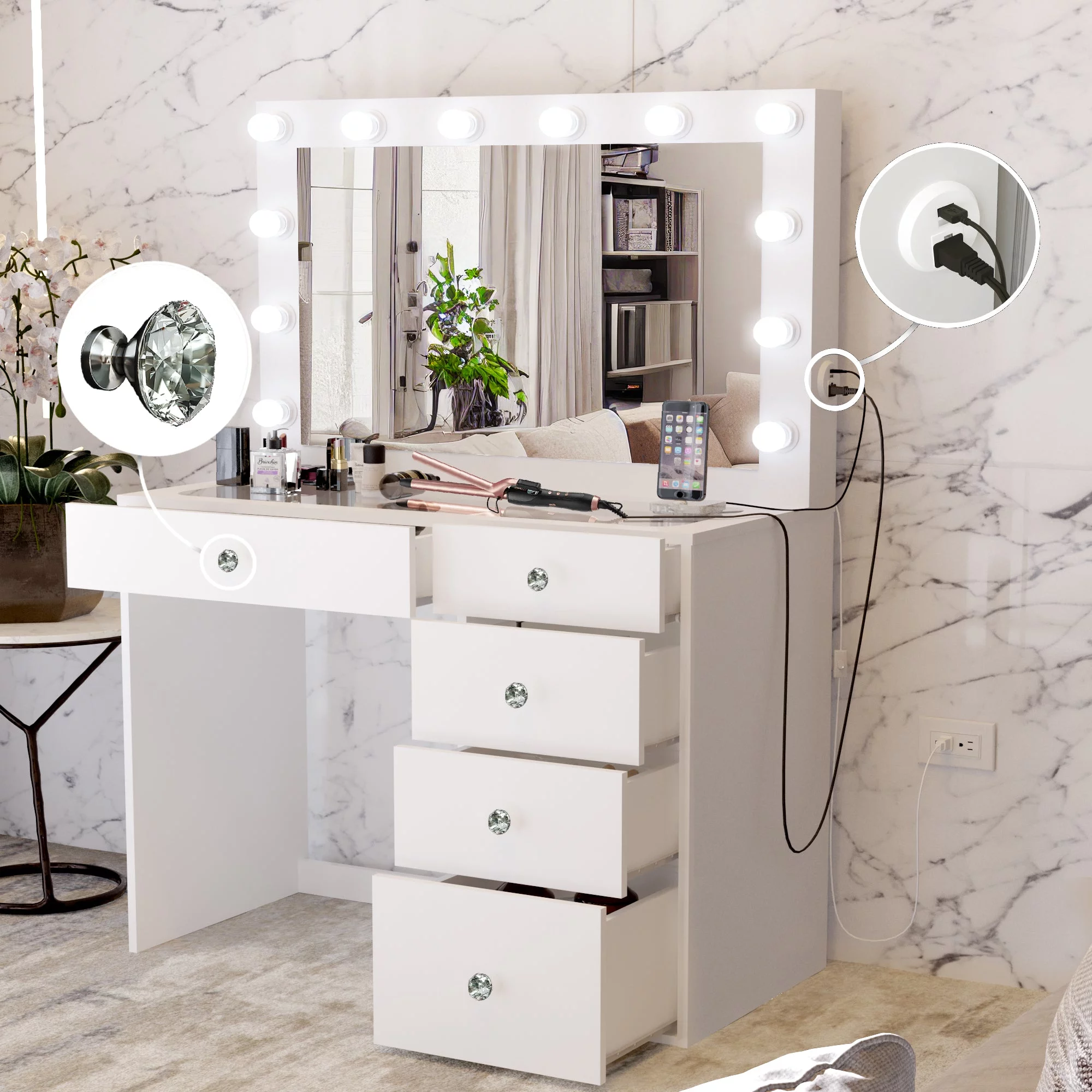 Boahaus Alana Vanity Desk with Mirror and Lights, Crystal Knobs, 5 Drawers, White