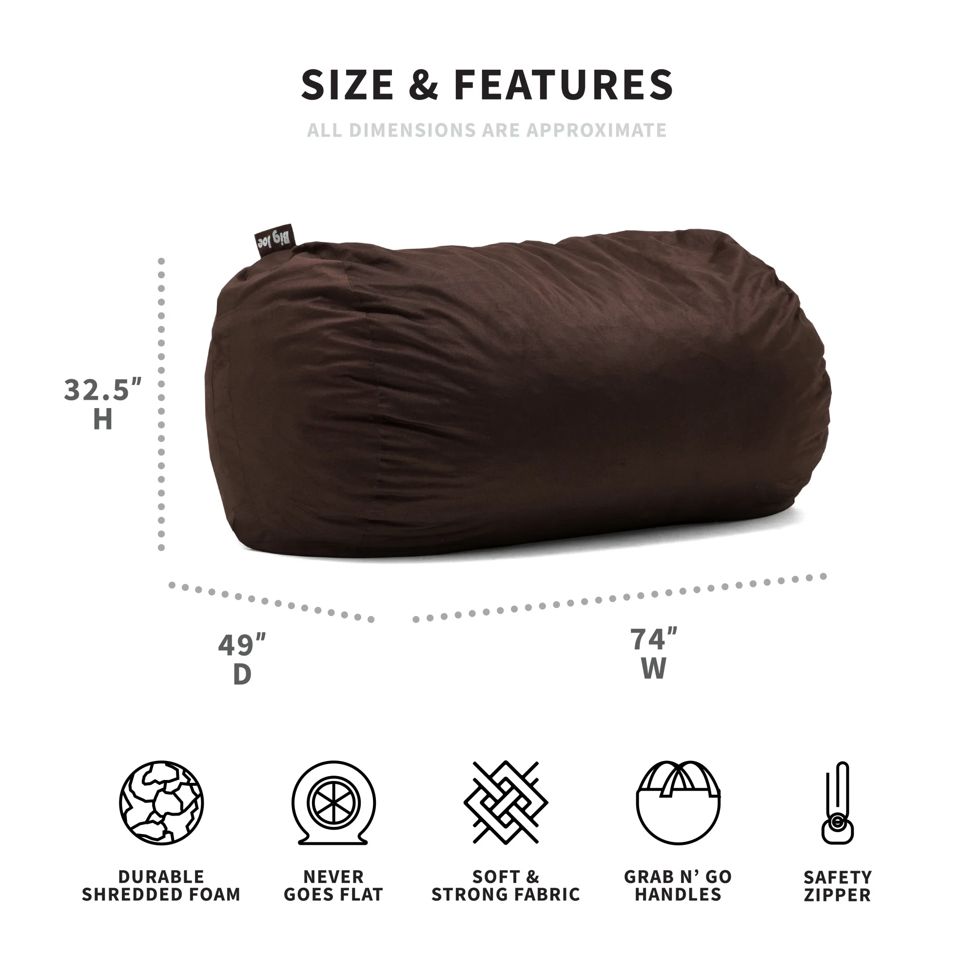Big Joe Fuf Media Lounger Foam Filled Bean Bag Chair with Removable Cover, Cocoa Lenox, Durable Woven Polyester, 6 feet Giant
