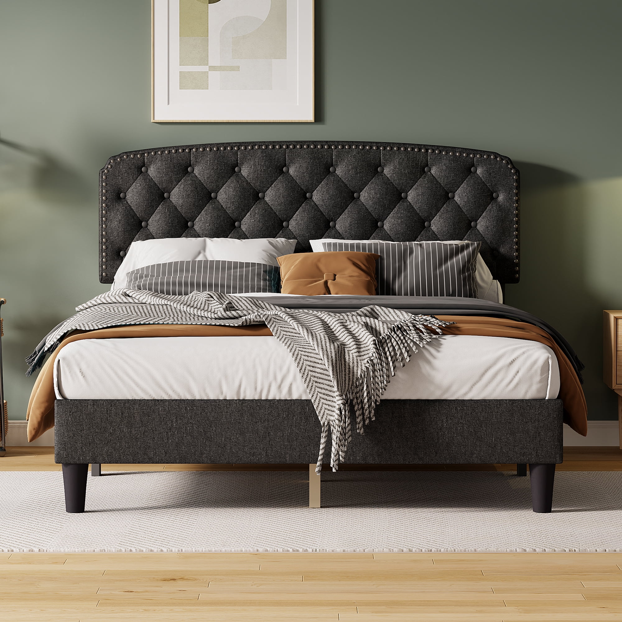 Dark Grey Queen Size Adjustable Headboard with Linen Upholstery and Button Tufting, Wave Top Design