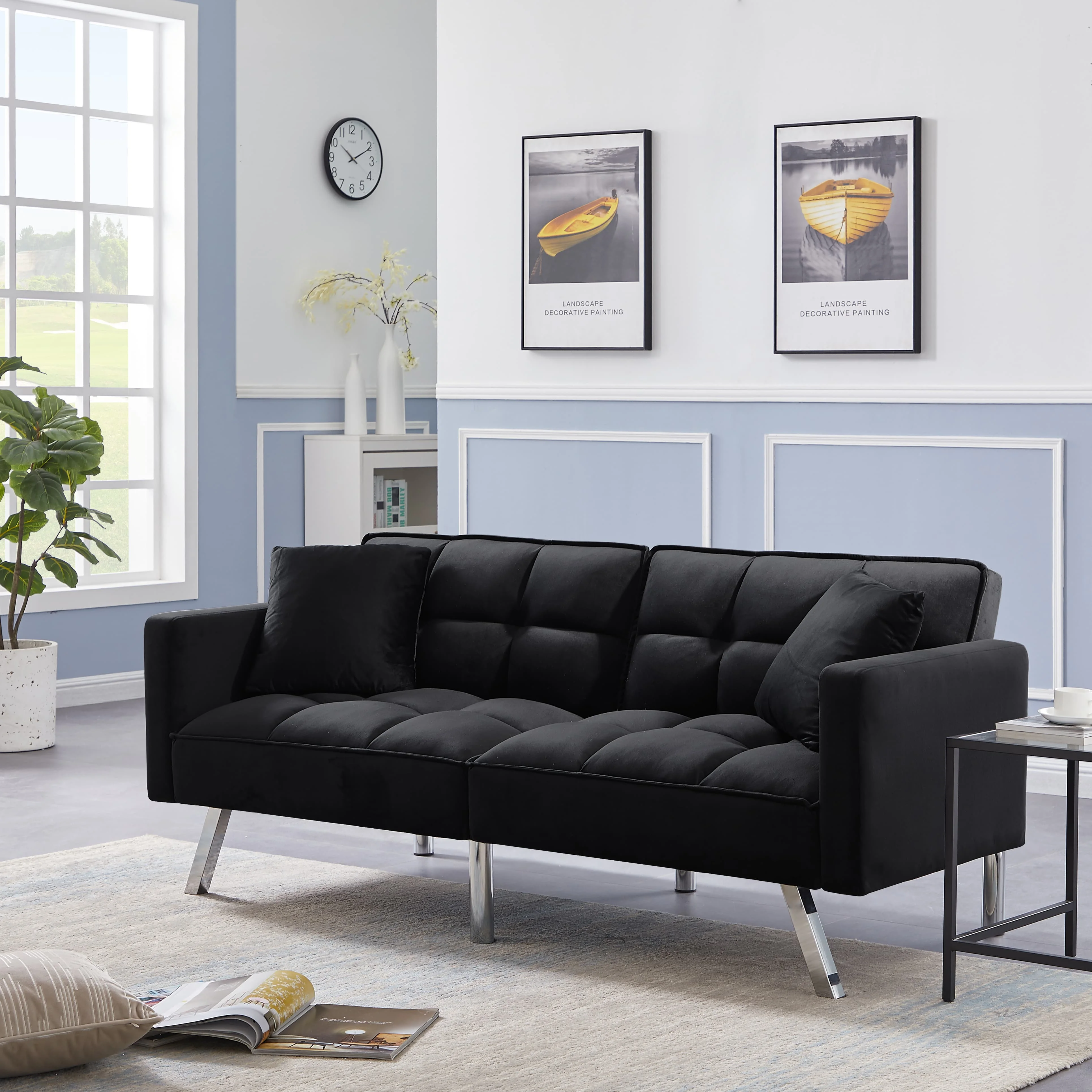 BSHTI Modern Velvet Futon Sofa Bed,Upholstered Tufted Convertible Sofa Sleeper with 2 Pillow(Black)