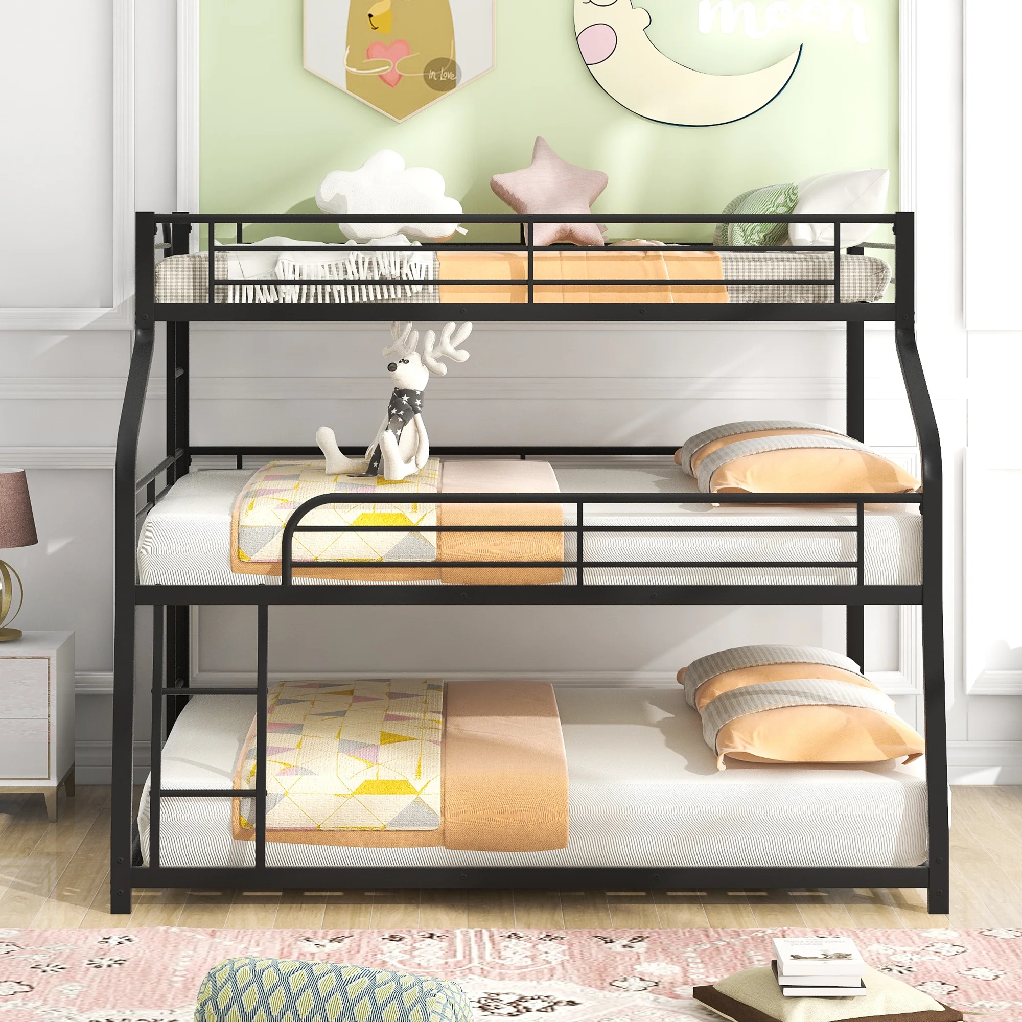 EUROCO Modern Metal Triple Bunk Bed, Twin over Full over Queen for Bedroom, 3-in-1 Beds for More People, Black