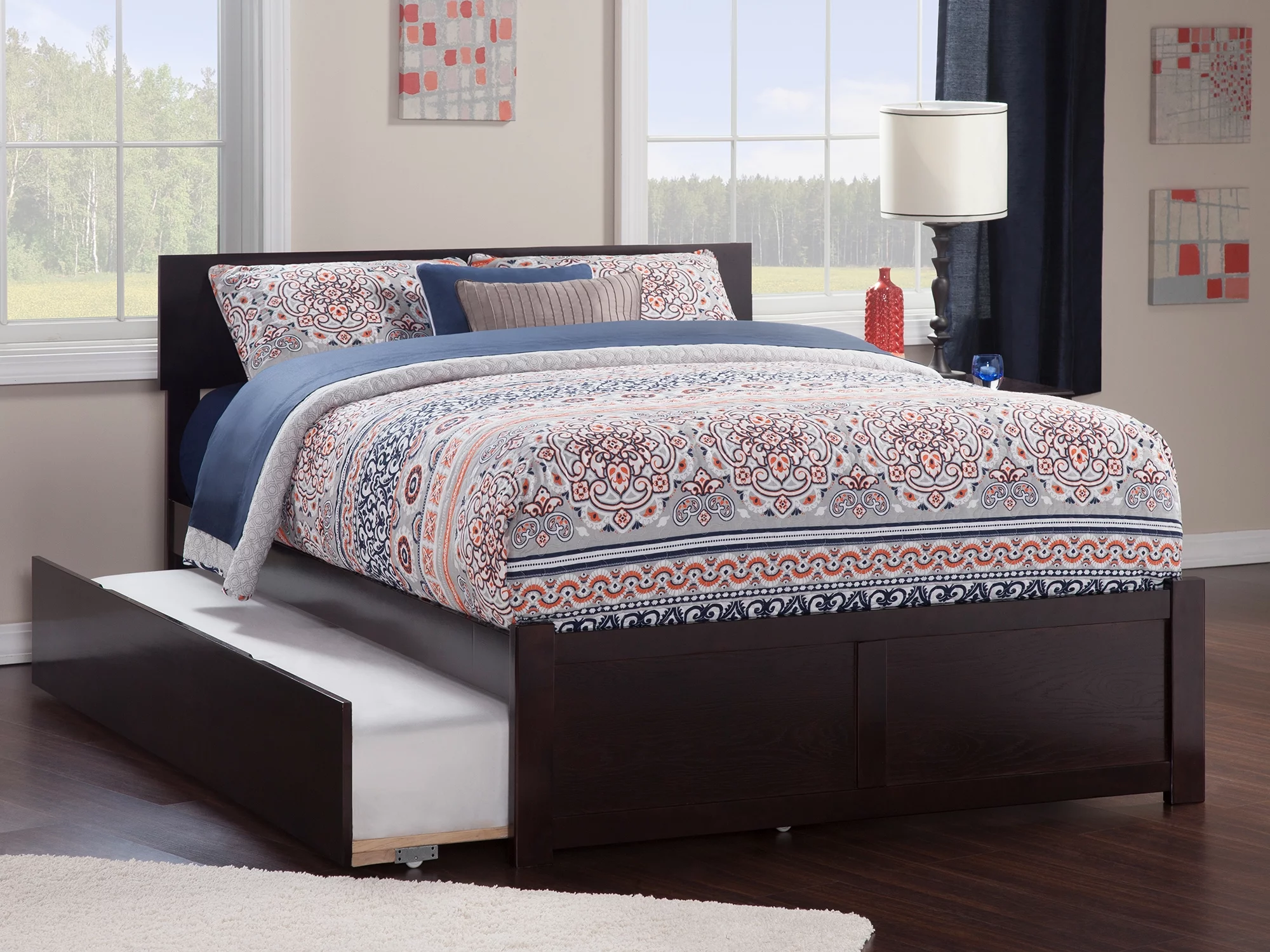 AFI Orlando Queen Wood Platform Bed with Headboard Footboard & Twin XL Trundle, Espresso