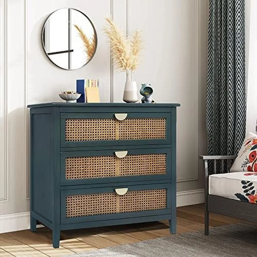 KHBIULIFE 3-Drawer Dresser  Modern Rattan Dressers Chest of 3 Drawers with Golden Metal Handles  Clothes Organizer for Living Room  Bedroom  Wood Cabinet Bedside Table Dressers (Olive Gre