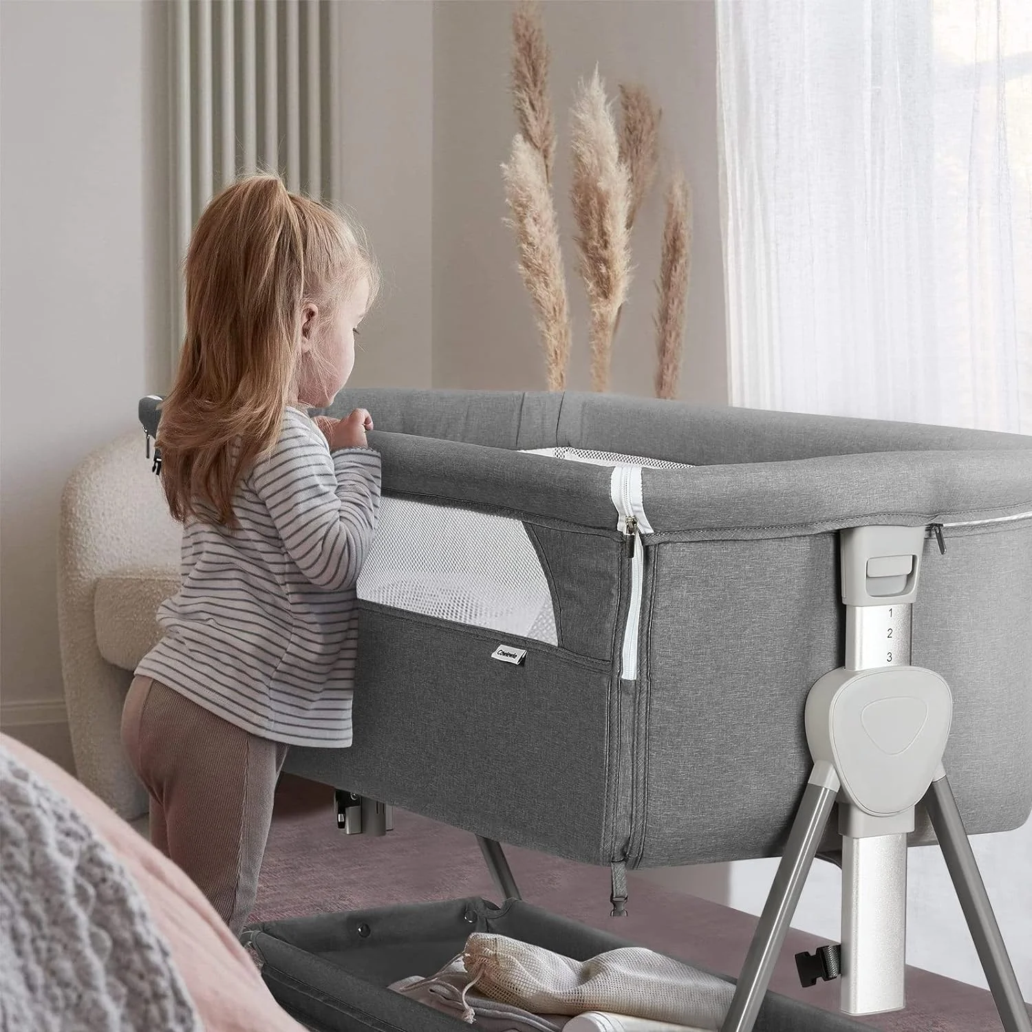 Cowiewie Bassinet W/ Mattress Large Volume Mobile W/ Storage Bedside Sleeper for Infants Baby Gray