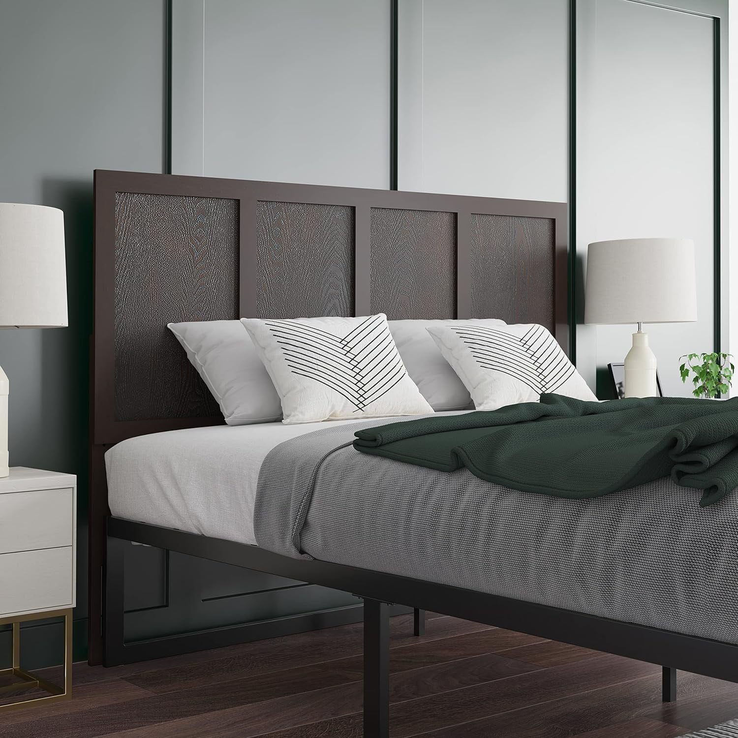 Omar Queen Size Four Panel Wooden Adjustable Headboard In Dark Brown
