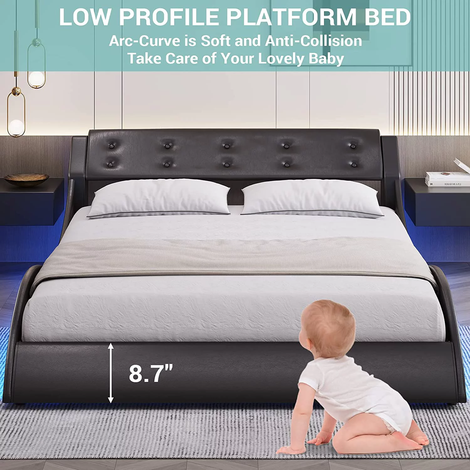 EPHEX Full Upholstered Platform Bed Frame with LED Lights Wave-Like Curve Button Tufted Headboard Faux Leather Low Profile Platform Bed Frame,No Box Spring Needed,Black