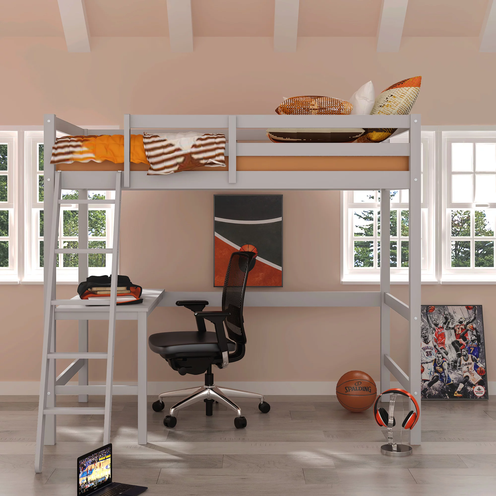 Hillsdale Campbell Wood Twin Loft Bunk Bed with Desk, Gray