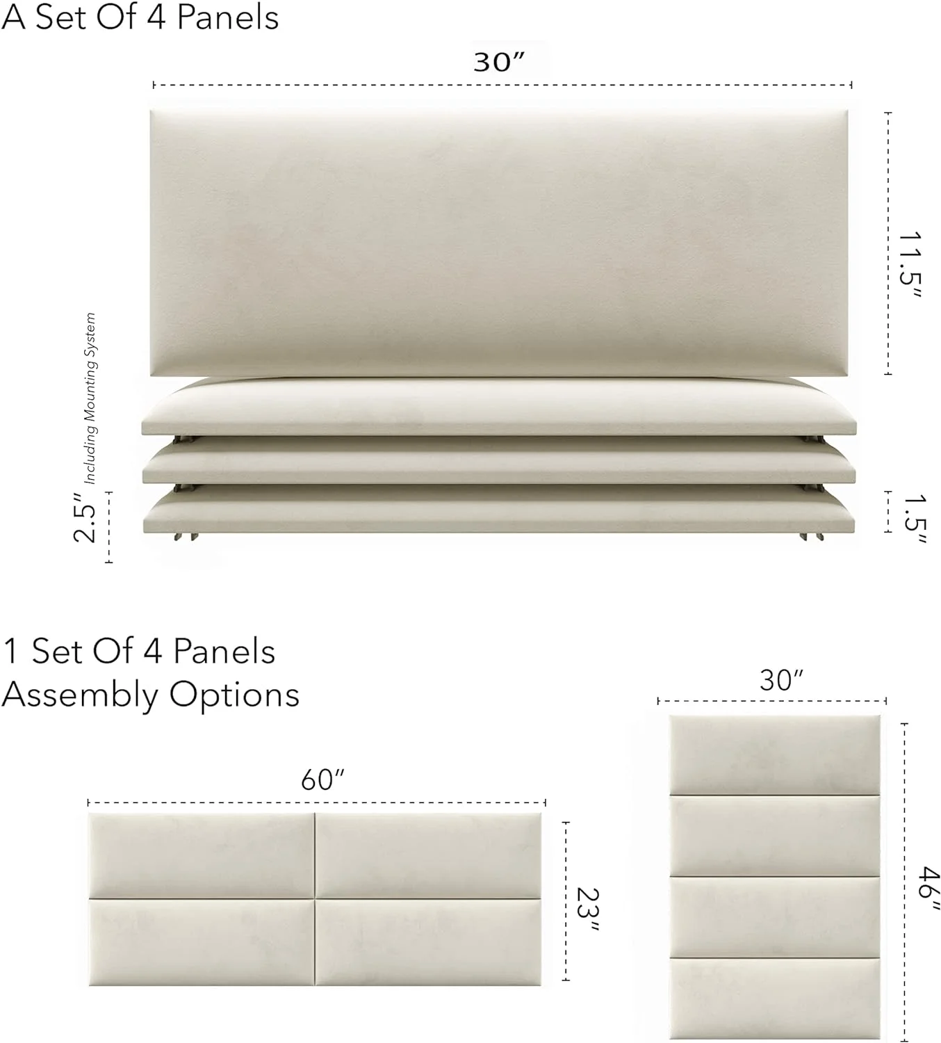 Upholstered Headboards - Accent Wall Panels - Velvet Ivory - Queen/Full - Set Of 4 Panels (Each Individual Panel 30