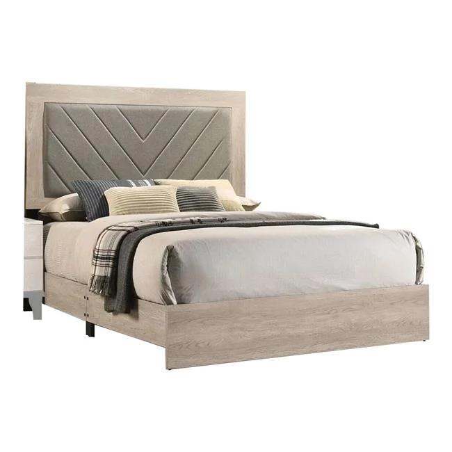 Cato Upholstered Bed with Chevron Tufted Headboard, Gray & Cream - Queen Size