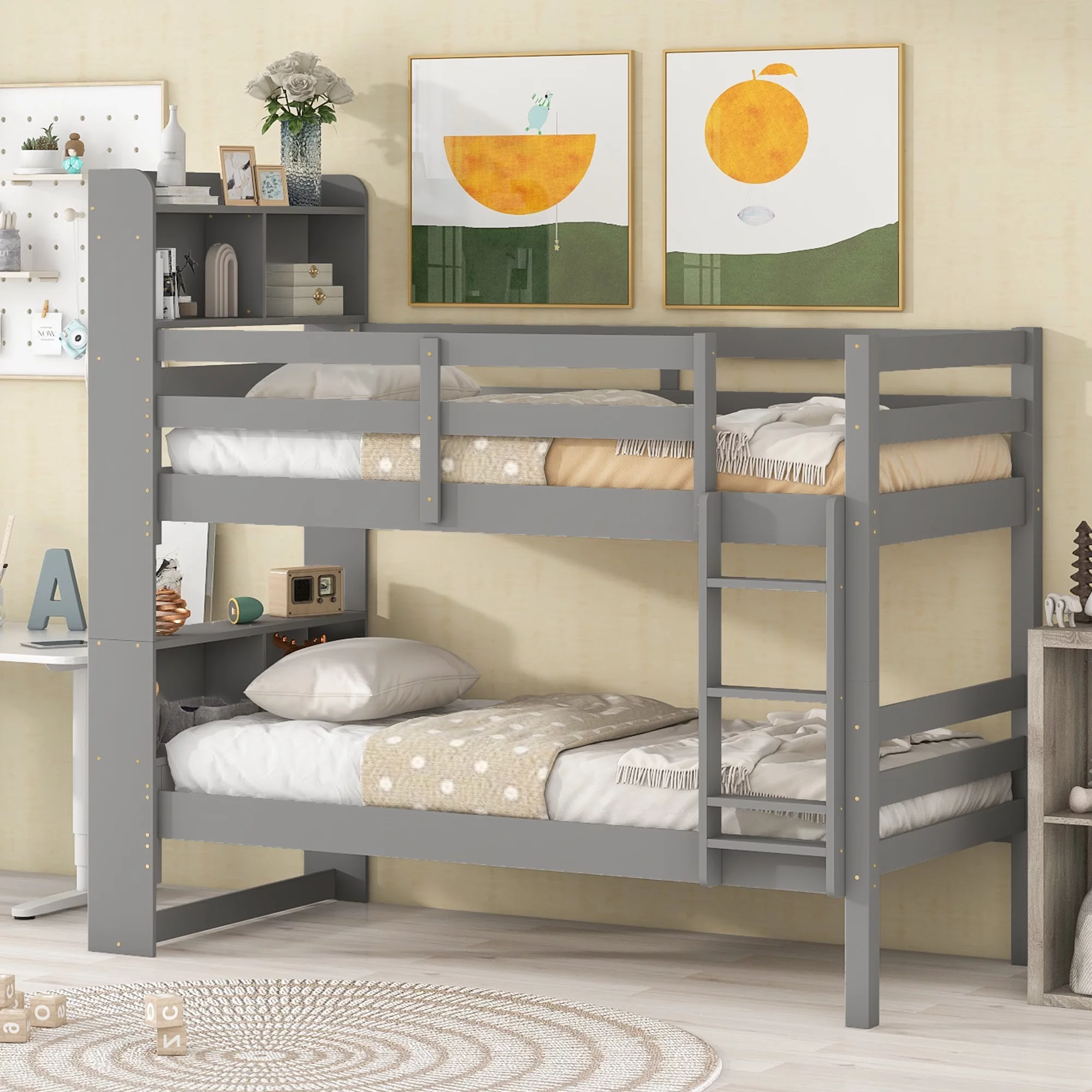 Multifunctional Twin Bunk Beds with Bookcase Headboard - Solid Wood Frame, Safety Rail, Ladder, and Convertible Design for Kids/Teens Bedroom or Guest Room,Gray