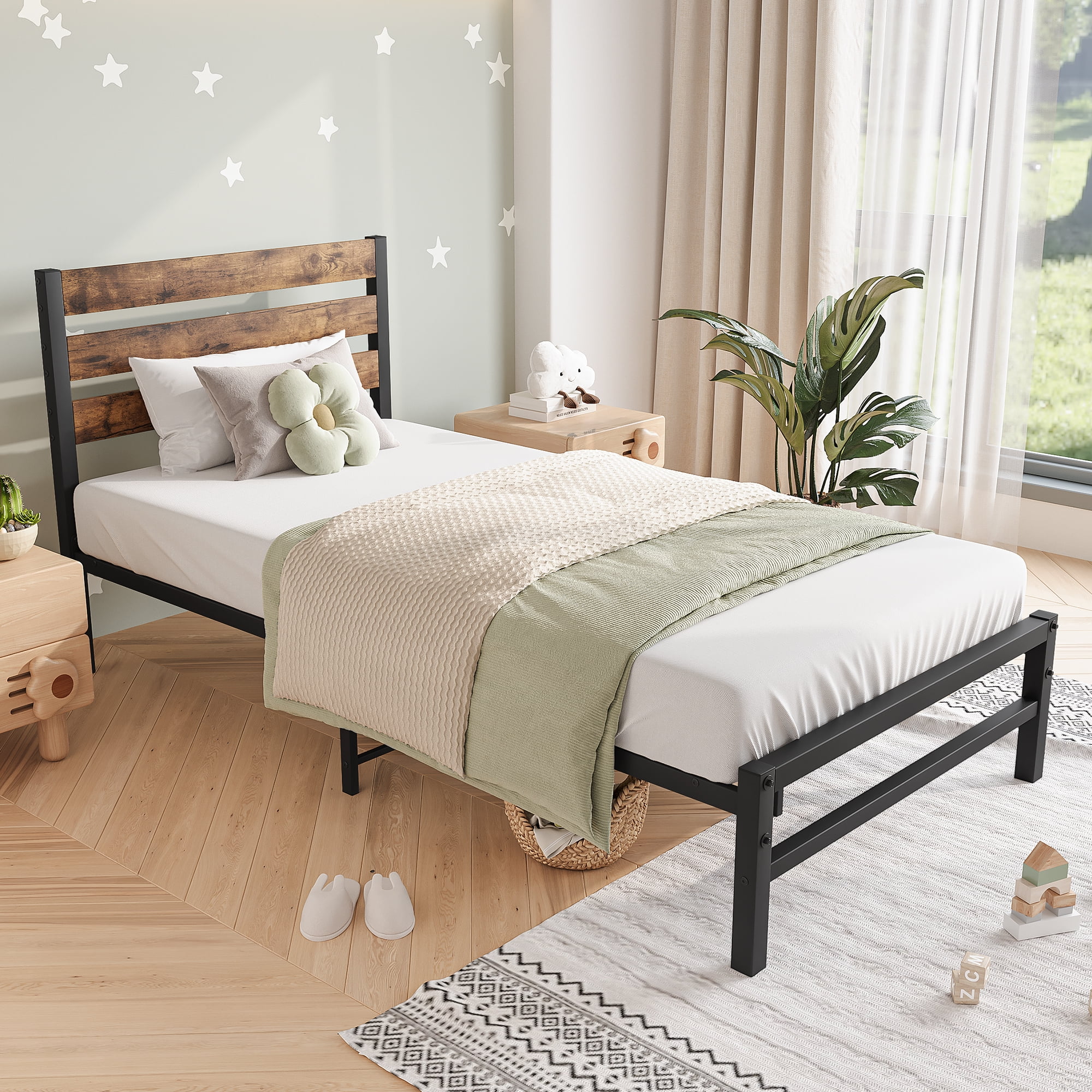 Twin Size Platform Bed Frame with Rustic Vintage Wood Headboard, Strong Metal Slats Support Mattress Foundation, No Box Spring Needed Rustic Brown