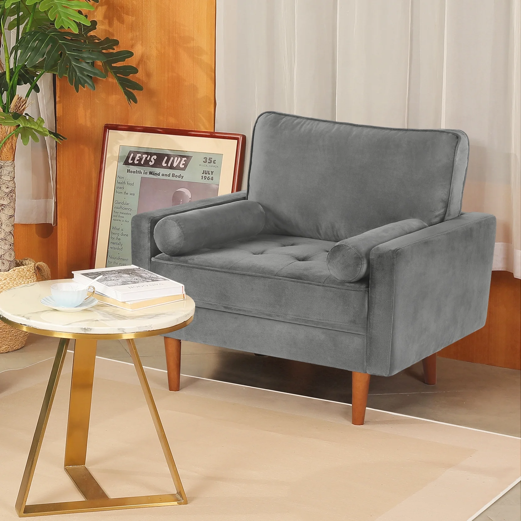 Vesgantti Velvet Accent Chair, Mid Century Modern Living Room Chairs, Button Tufted Arm Chairs with 2 Pillows, Comfy Sofa Chairs for Bedroom, Office, Grey